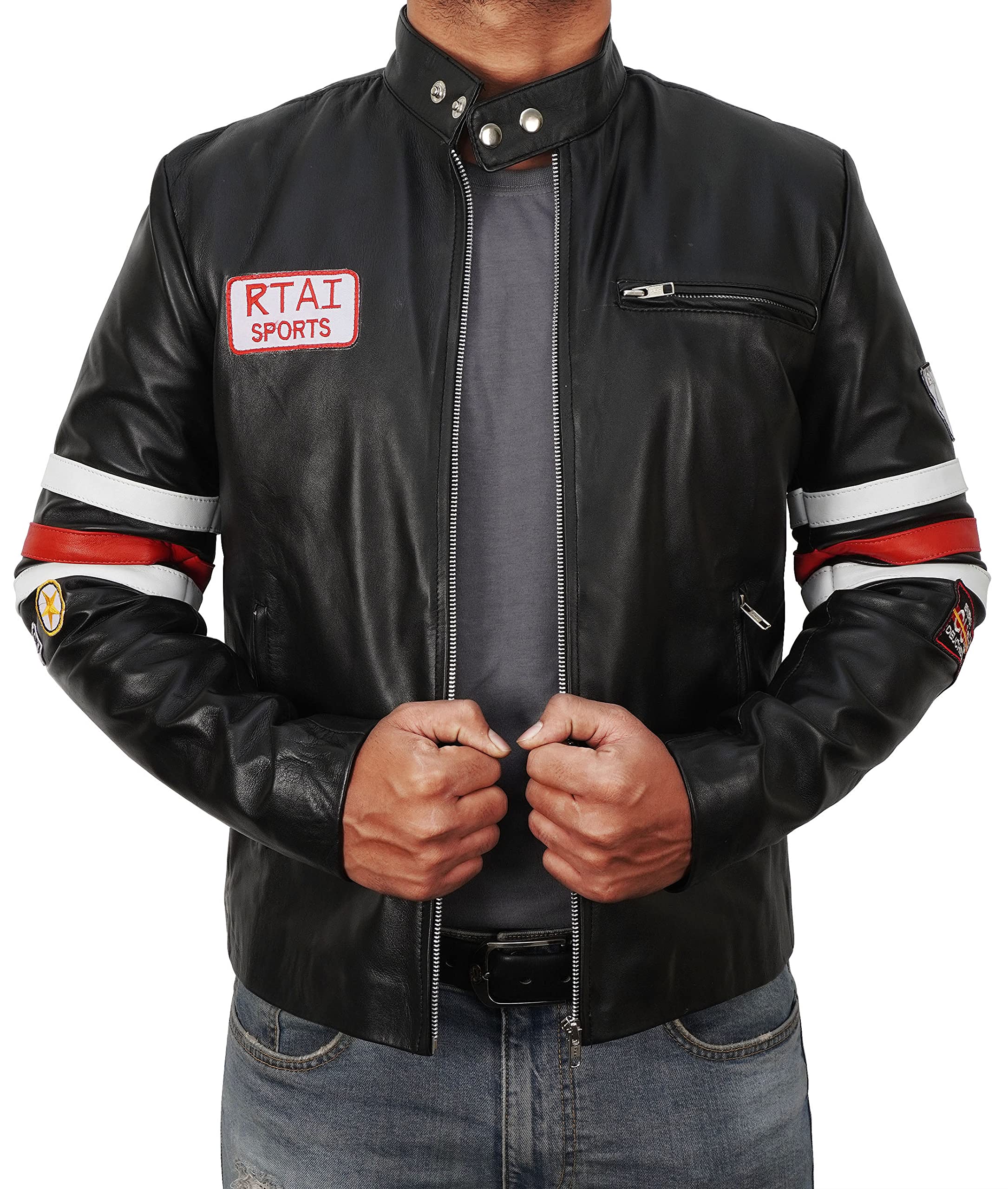 Men's Dr. Gregory House Black Leather Biker Jacket with Hugh Laurie RTAI Sports Patches - TV Show Inspired Motorcycle Jacket for Fans & Bikers - Perfect for Cosplay, Halloween & Riding