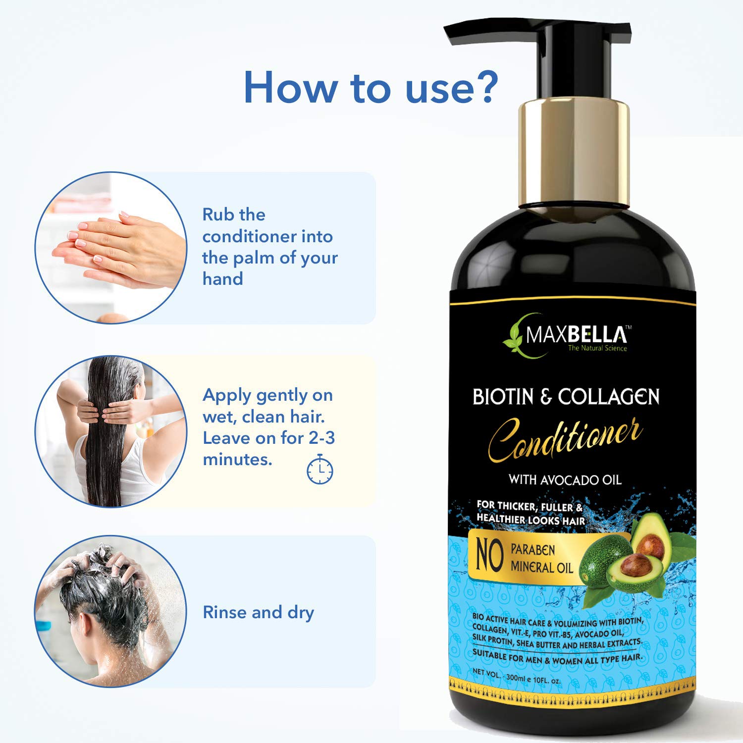 MaxBella Biotin & Collagen Hair Conditioner for Men and Women - 300ml Deep Hydration & Repair Treatment for Dry, Damaged Hair - Salon Quality Leave-In Conditioner for Stronger, Shinier Hair at Home