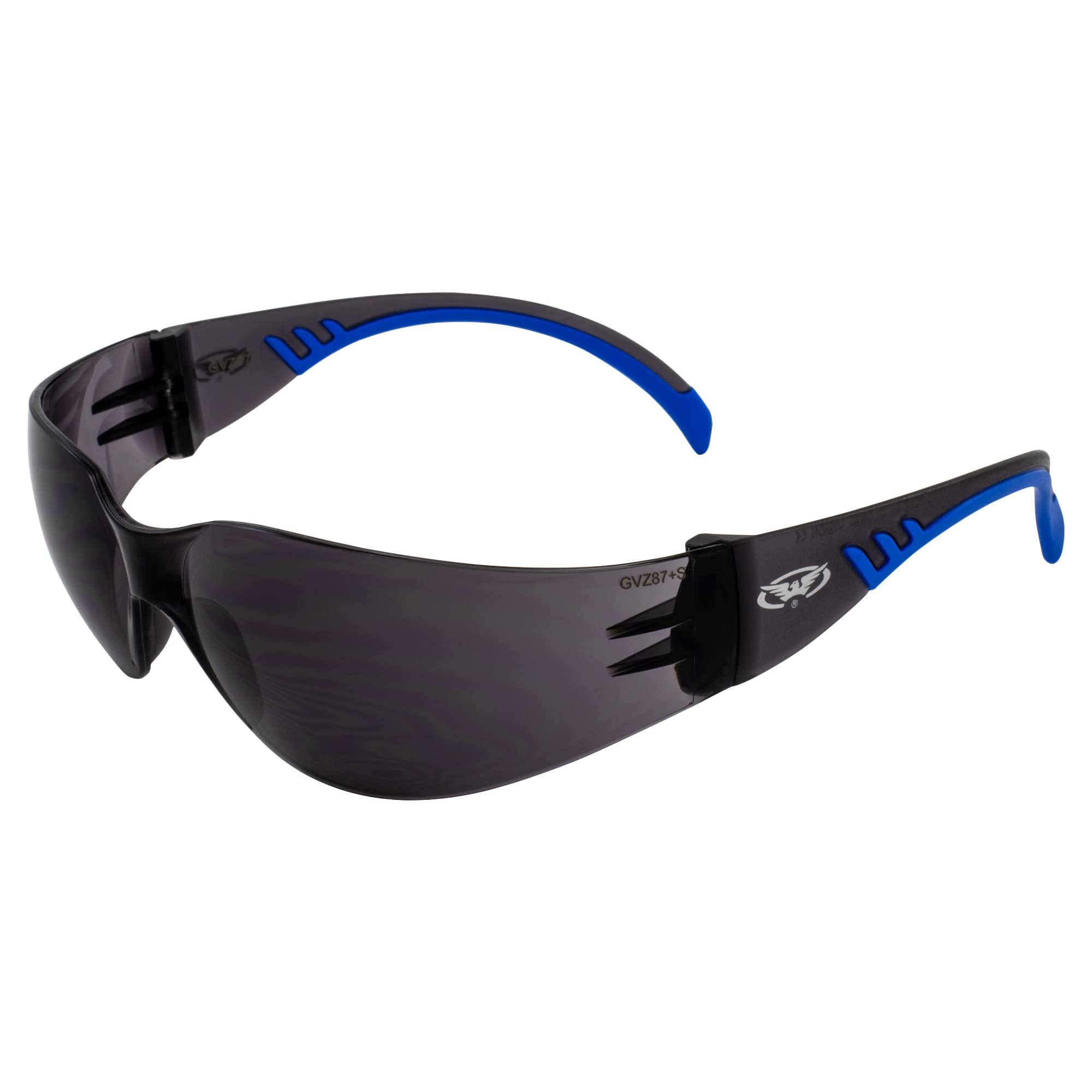 Global Vision Flyz One-Piece Motorcycle Safety Sunglasses - ANSI Z87.1 Certified, Shatterproof Polycarbonate Lenses, UV400 Protection, Scratch Resistant - Black-Blue Rubber Tips with Smoke Lens - Perfect for Riding, Cycling, and Outdoor Sports