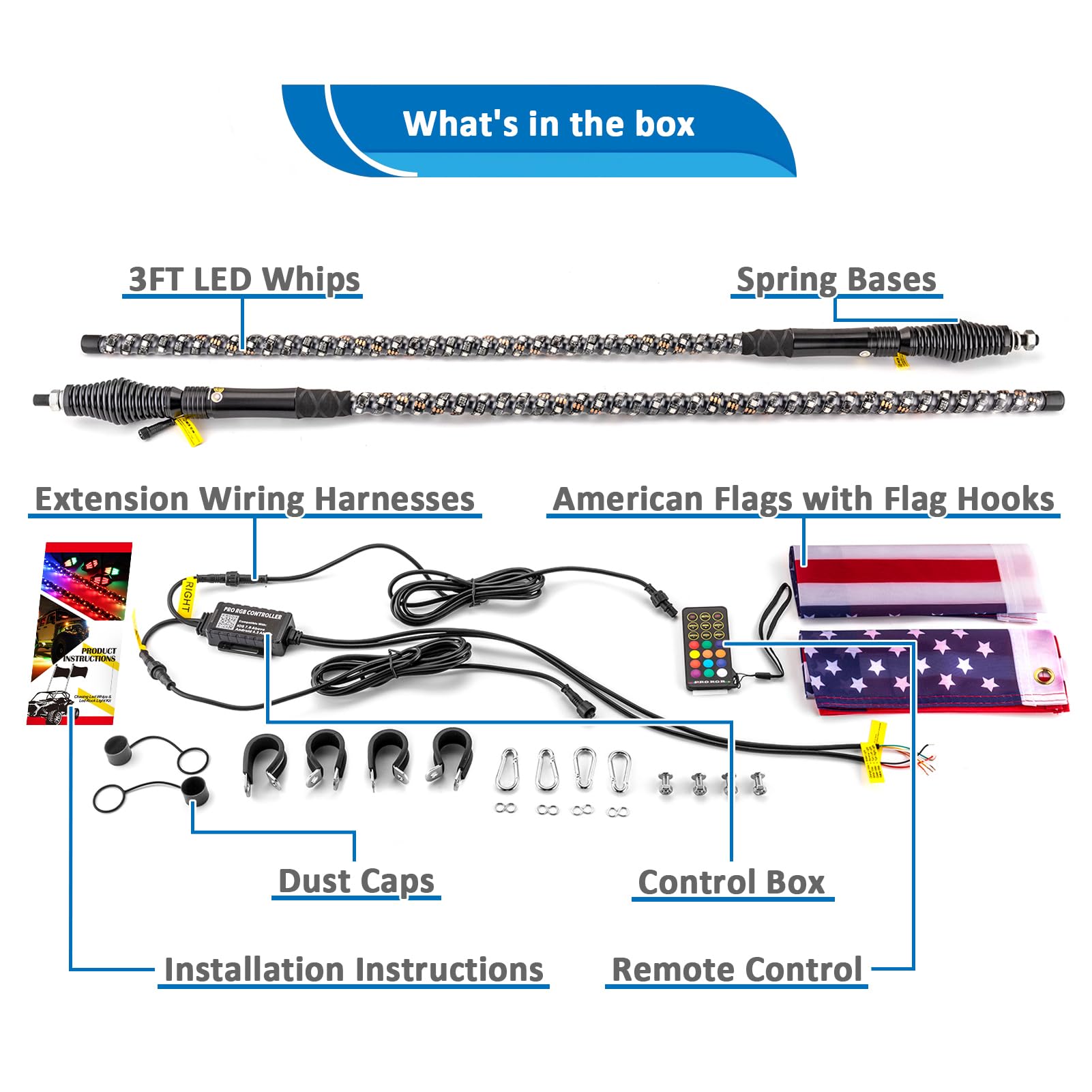 2Pcs 3FT RGB LED Whip Lights with Spring Base - Color Changing Chase Lights with Flags & Remote Controller - Waterproof Off-Road Light Bars for UTV, ATV, SUV, Cars, Trucks, Boats & Golf Carts - Perfect for Night Rides, Camping & Outdoor Adventures