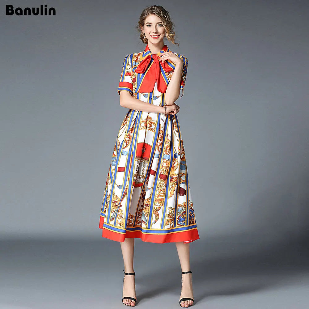 Banulin Women's Summer Short Sleeve Collar Stripe Printed Bow Midi Dress - 2020 Newest Runway Designer Fashion for Beach, Party & Casual Wear