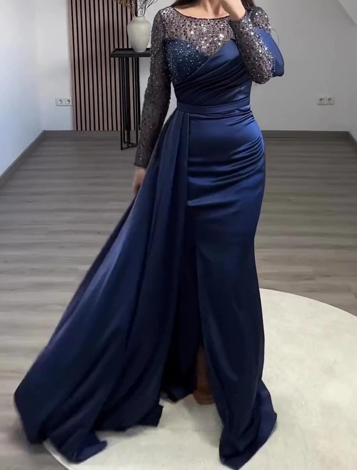 Elegant Mermaid Evening Gown for Wedding Guest - Red & Green Formal Dress with Long Sleeves, Jewel Neckline & Sequin Details | Perfect for Black Tie Events, Galas & Special Occasions
