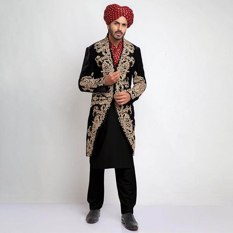 Elegant Black Sherwani for Men with Intricate Anchor Thread Embroidery - Perfect for Weddings, Festivals & Special Occasions