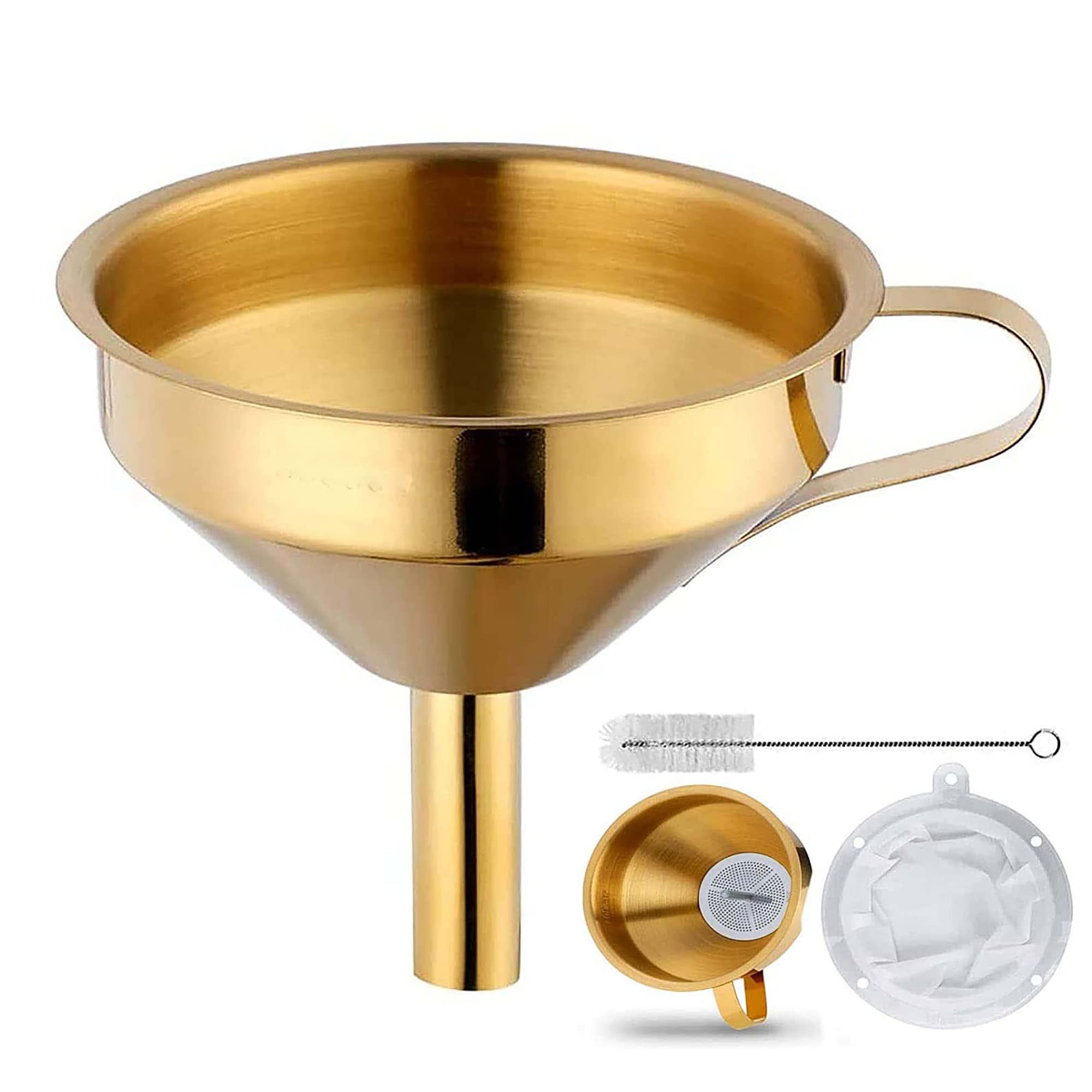 Premium 5-Inch Stainless Steel Kitchen Funnel Set with 2 Detachable Filters & Cleaning Brush - Food Grade Metal Funnel for Liquids, Powders, Oil, Baking, Home Brewing & DIY Projects (Gold)