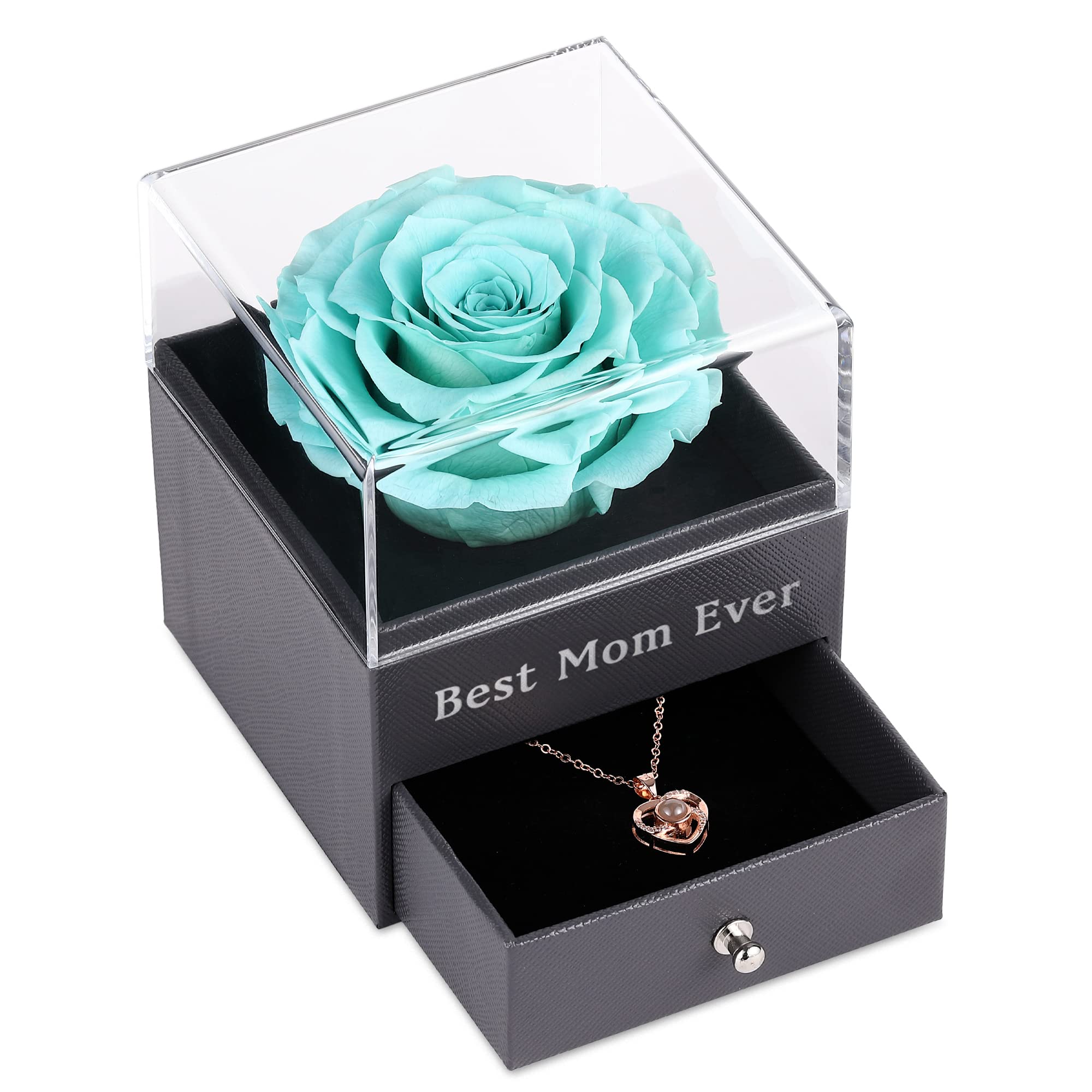 Eternal Preserved Aqua Blue Rose in Glass Dome with Necklace - Best Mom Ever Gift, Real Flower for Valentine's Day, Anniversary & Special Occasions - Home Decor, Wedding Centerpiece, Romantic Present for Her