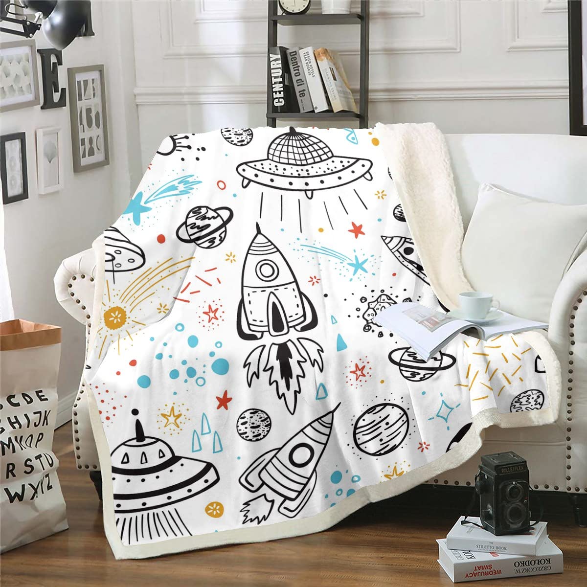 Erosebridal Galaxy Flannel Blanket - Cartoon Rocket Sherpa Blanket with Outer Space Planets & Spaceship Design | Soft Plush Throw for Kids, Boys, Girls & Teens | 90
