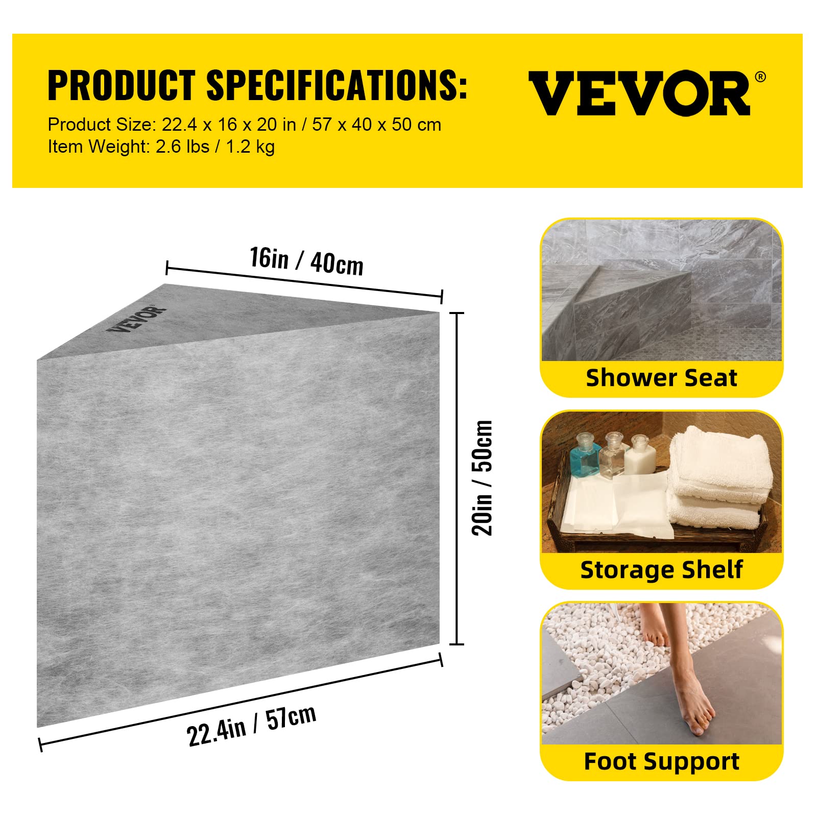 VEVOR Waterproof Tileable Shower Seat - 22.4