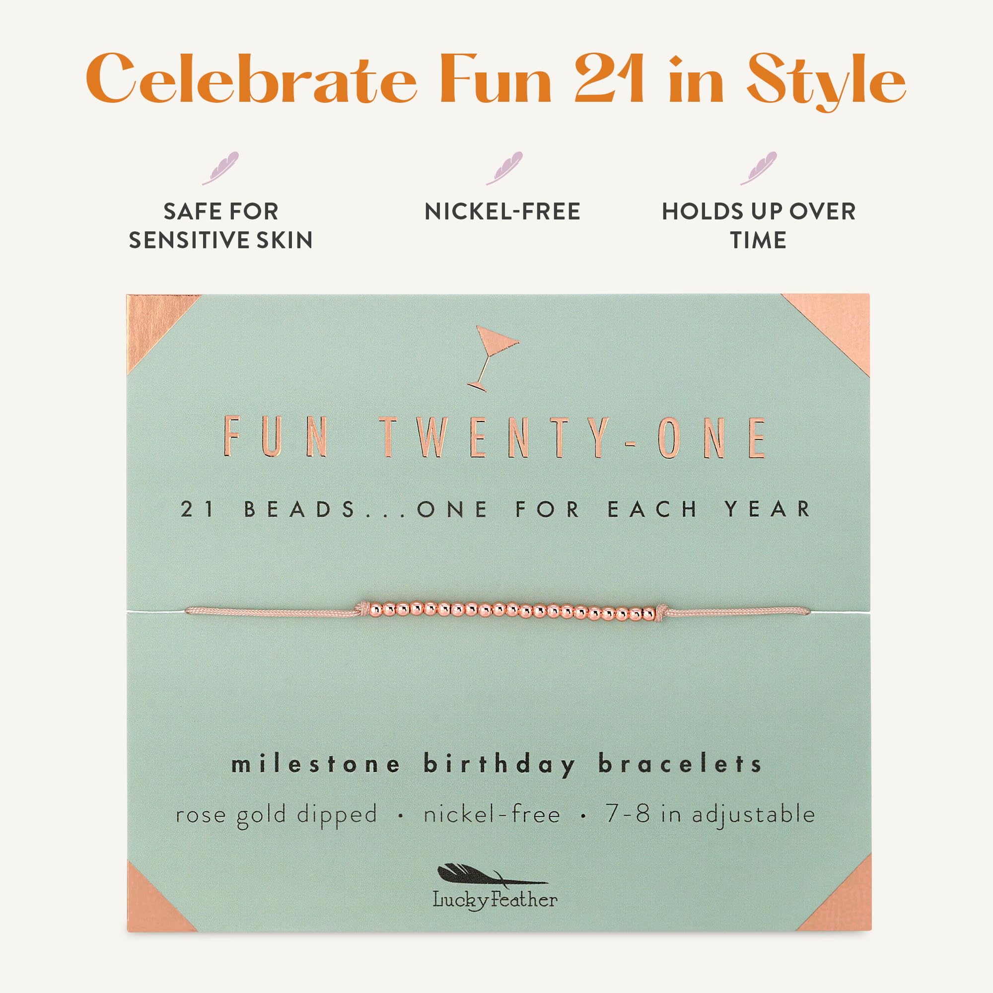 21st Birthday Gifts for Women - 14K Gold Dipped Beads Adjustable Bracelet | Lucky Feather Charm | Elegant Jewelry Gift for Her | Perfect for Parties, Graduation & Special Occasions