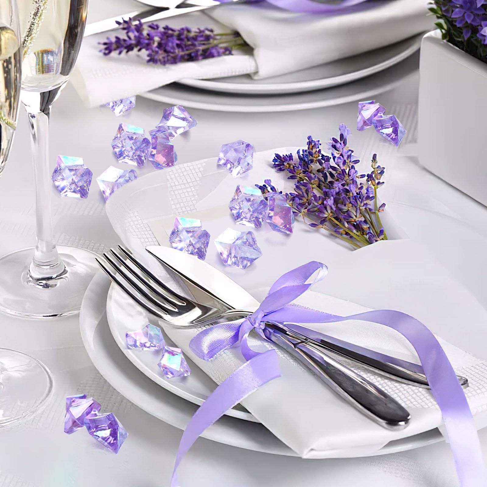 150PCS Purple Holographic Acrylic Fake Ice Rocks - Sparkling Crushed Ice Diamonds for Vase Fillers, Table Scatter, Wedding & Party Decorations - Perfect for Centerpieces, DIY Crafts, and Event Styling