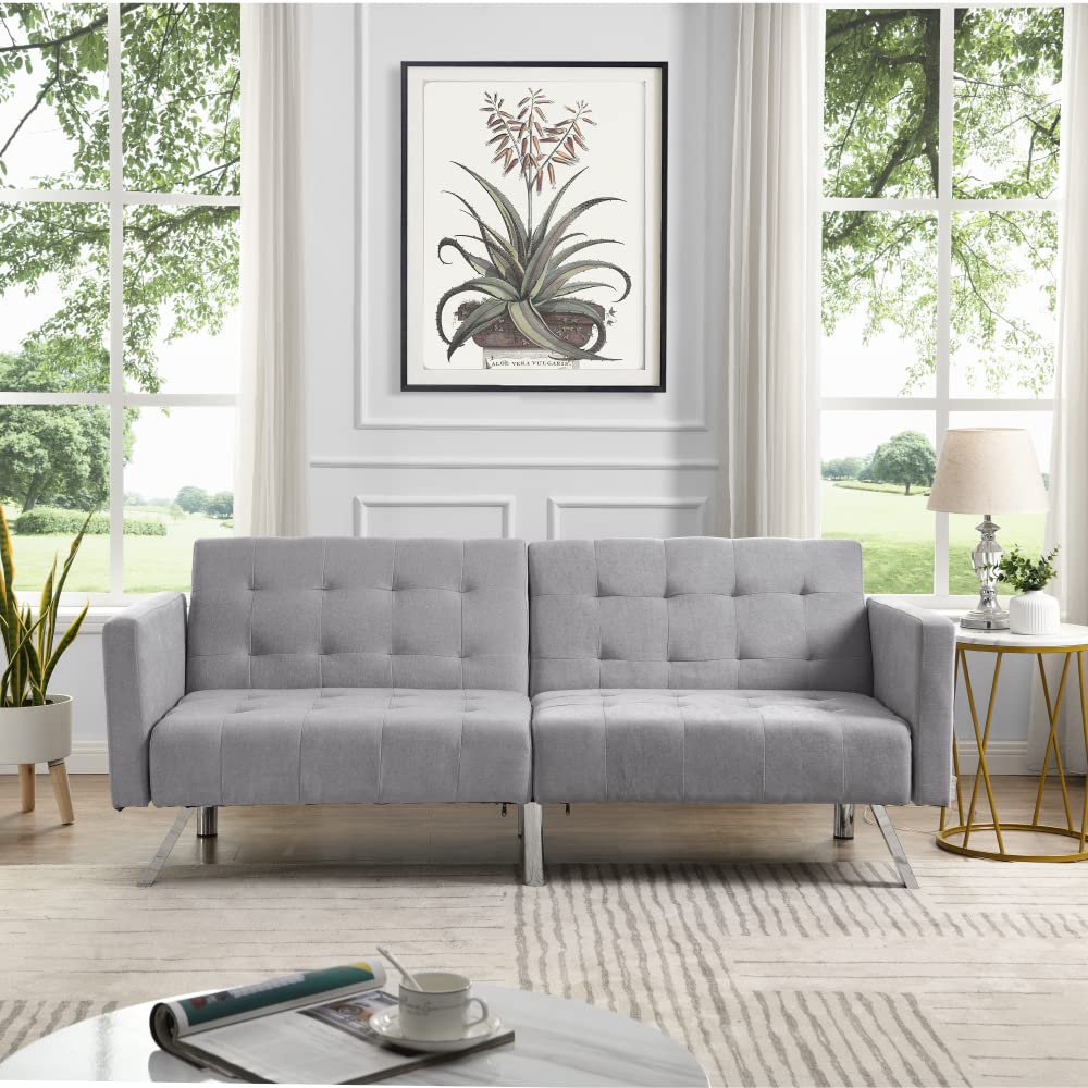 DNChuan Convertible Futon Sofa Bed - 2-in-1 Loveseat Sleeper Sofa with Sturdy Steel Legs, Breathable Linen Fabric in Light Grey - Perfect for Small Apartments, Guest Rooms & Home Offices