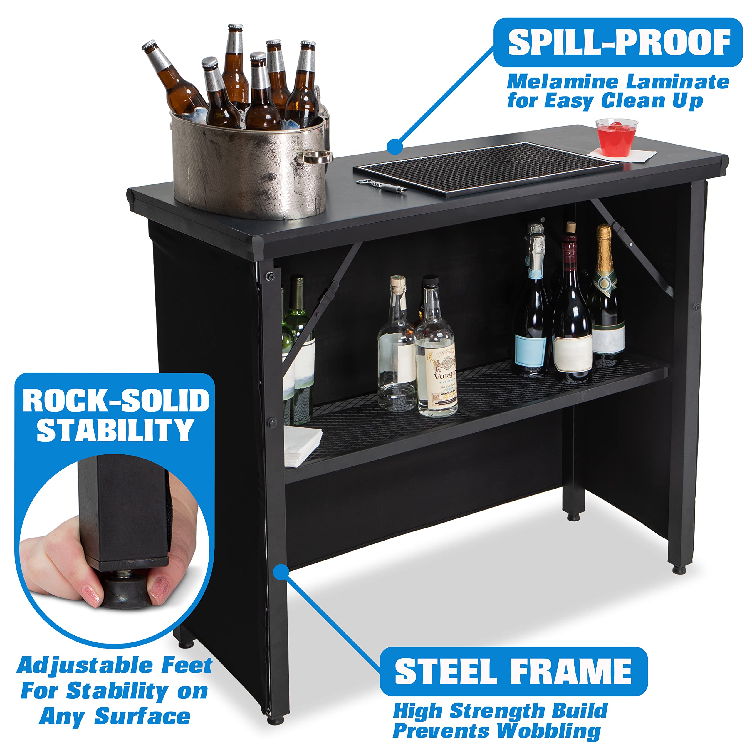GoBar PRO Commercial Grade Portable Bar Table - Mobile Bartending Station for Weddings, Parties & Events - Includes Black Skirt & Carry Case - Standard or LED Light Options (45