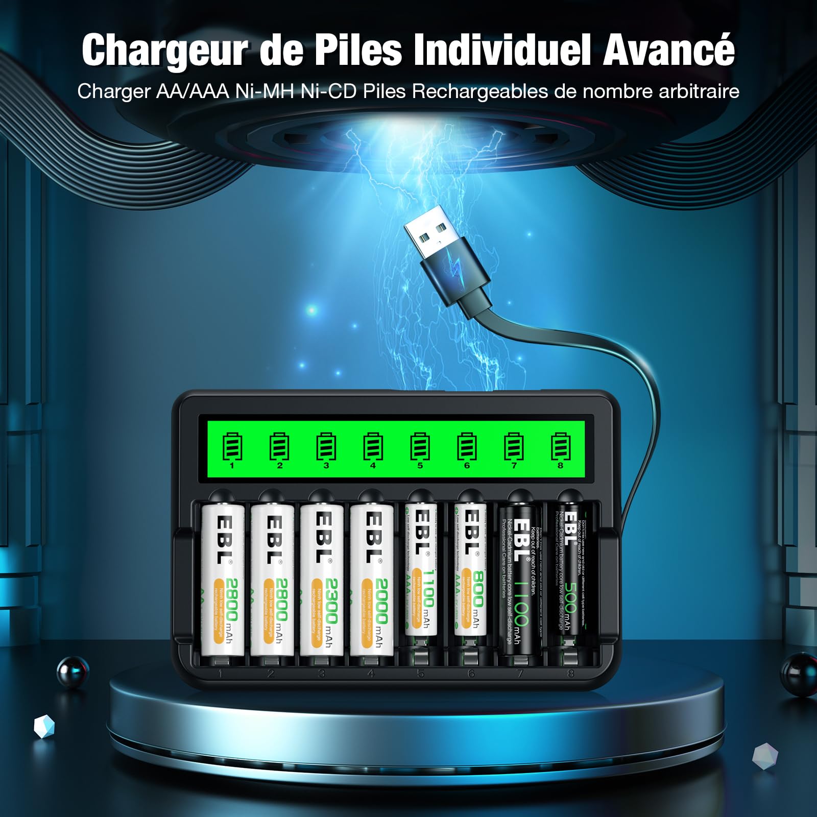 EBL 8-Pack AA 2800mAh Rechargeable Batteries with LCD Charger - USB & Micro USB Ports for AA/AAA Ni-MH Batteries | Perfect for Cameras, Toys, Flashlights & Emergency Power Backup