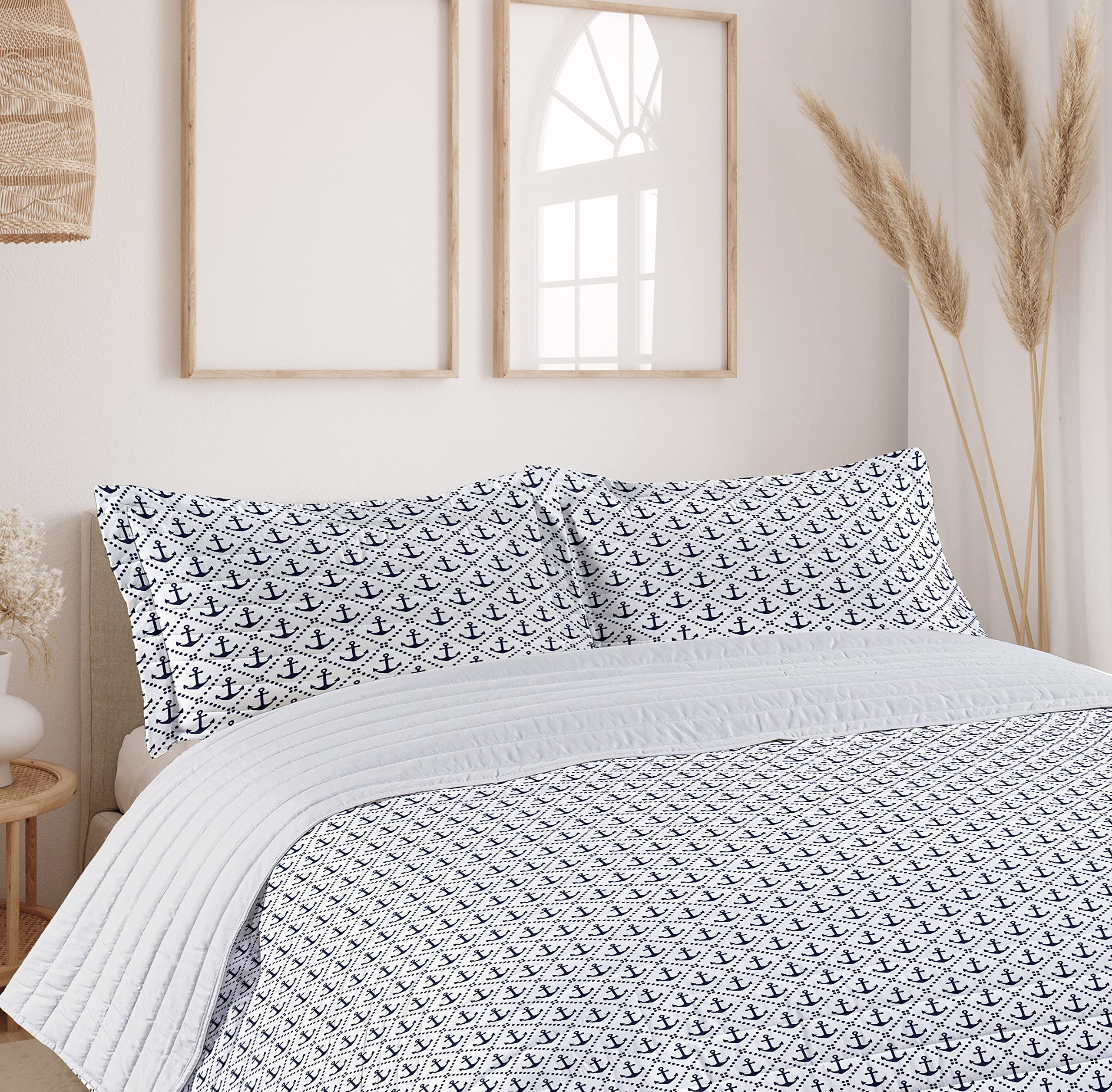 Ambesonne Geometric Microfiber Bedspread Set - Nautical Chevron Pattern with Dotted Frames & Anchors in Dark Blue/White | King Size Soft Bedding Set Includes Comforter & Pillow Shams | Perfect for Coastal Themed Bedrooms, Guest Rooms & Nautical Decor
