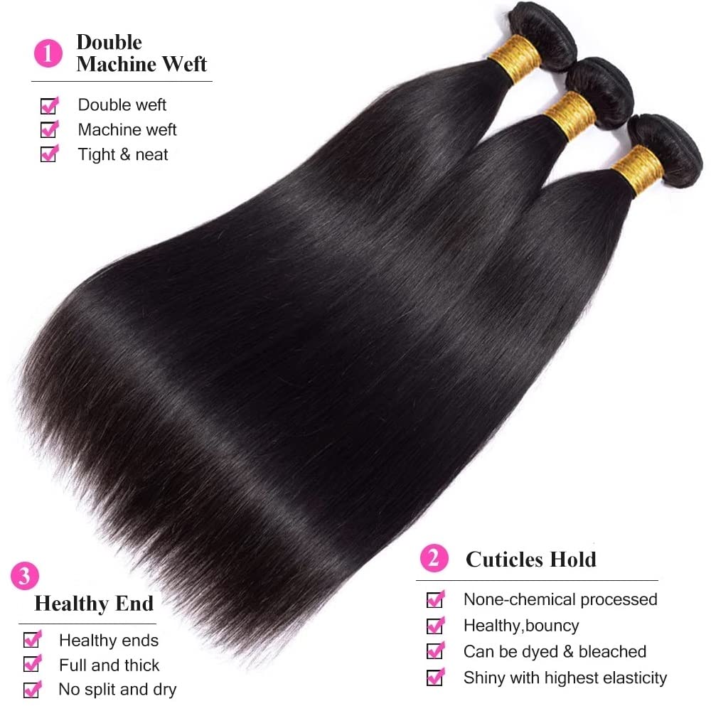 10A Brazilian Straight Human Hair 3 Bundles with Closure 20 22 24+18 Inch | 100% Unprocessed Virgin Hair Weave | HD Lace Closure | Perfect for Sew-in, Wig Making & Everyday Styling