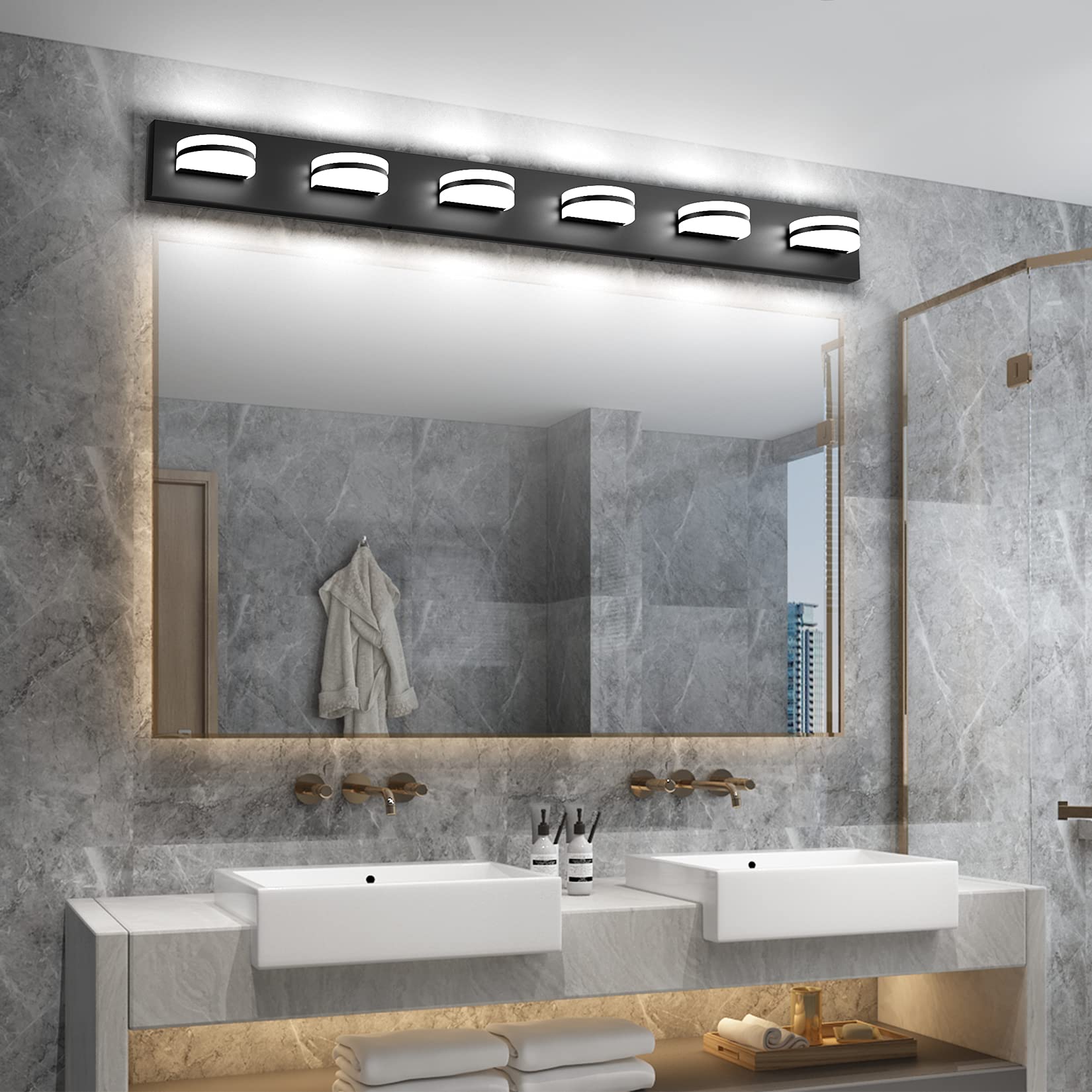 Aipsun 6-Light Modern Black LED Vanity Light Fixture - Up and Down Lighting for Bathroom Mirror - 6000K Cool White - Perfect for Bathroom, Dressing Room & Makeup Area