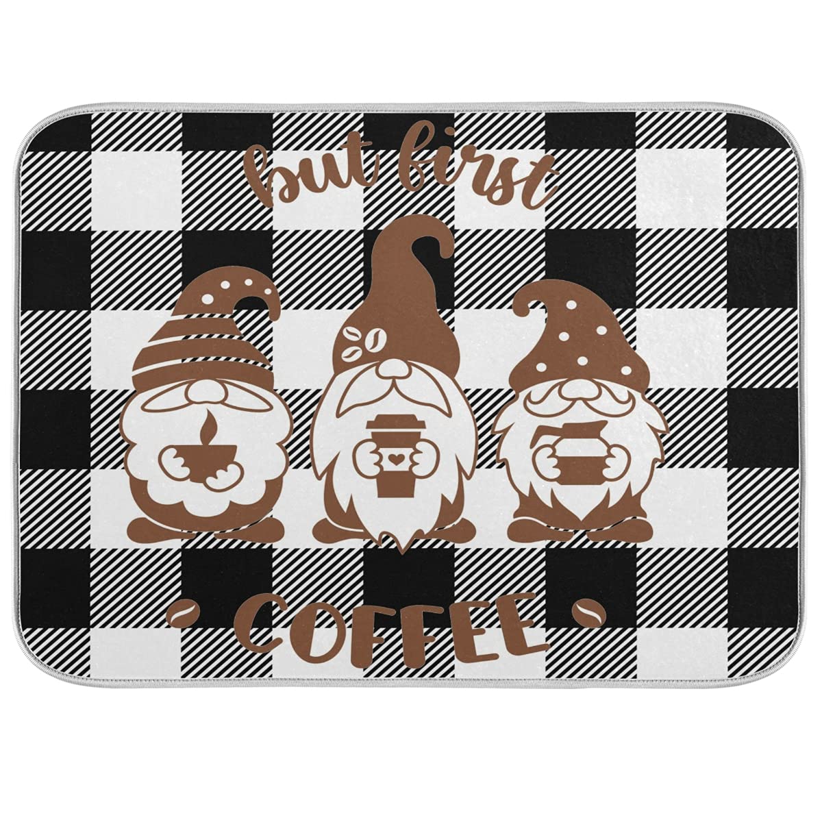 Absorbent Microfiber Coffee Gnome Plaid Dish Drying Mat - 16x18 Inch Kitchen Counter Decor, Drainer Pad for Dishes & Utensils | Perfect for Farmhouse, RV & Small Space Kitchens