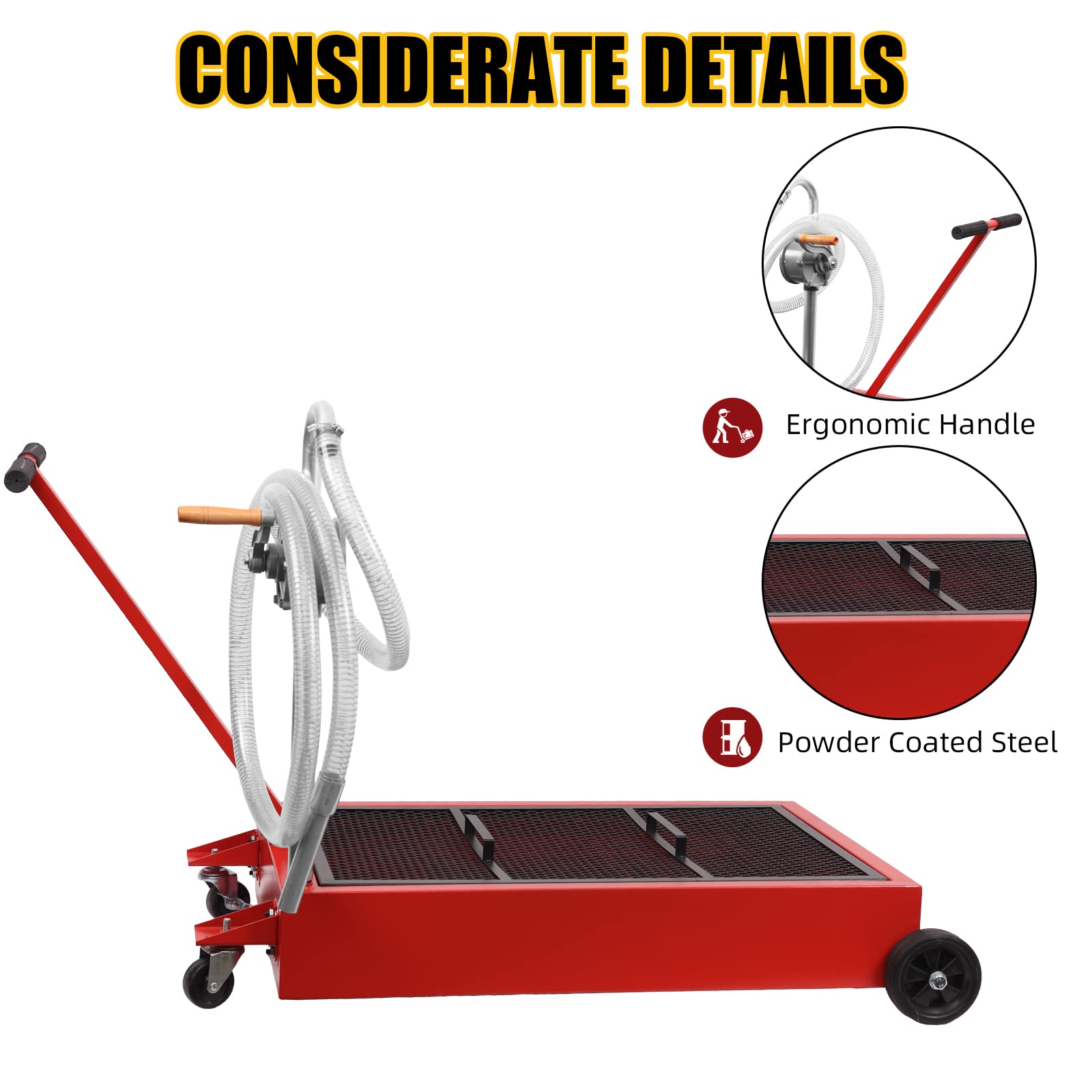 GARVEE 25 Gallon Hand Pump Oil Drain Pan with 95L Low Profile Design - Heavy Duty Automotive Oil Change Pan for Cars, Trucks & Motorcycles - Red