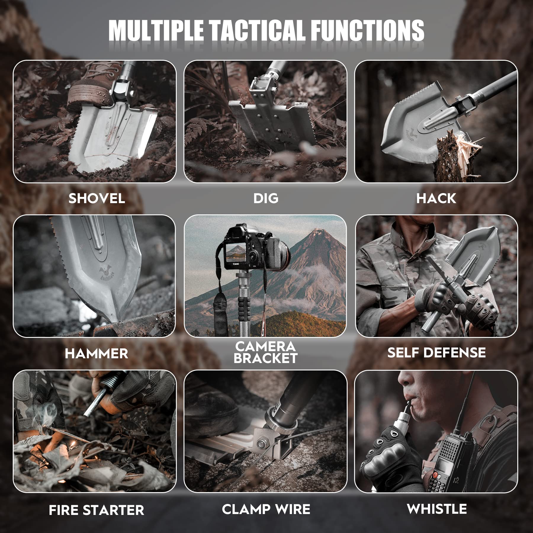 18-in-1 Folding Tactical Shovel - High Carbon Steel Multitool Camping Spade | Compact Collapsible Survival Shovel for Hiking, Emergency Preparedness & Outdoor Adventures | Includes Carrying Bag (Model A-F1)