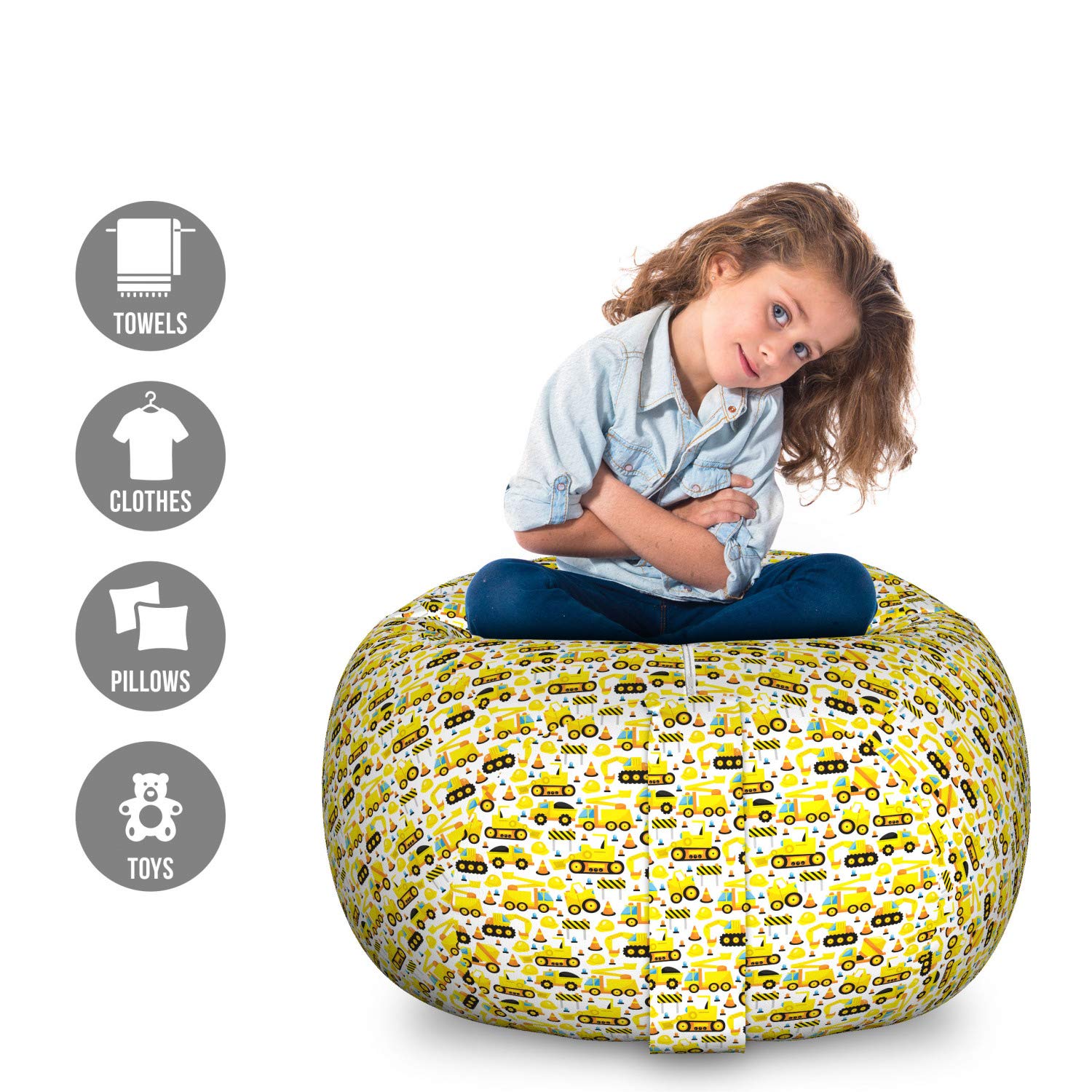 Lunarable Cartoon Storage Toy Bag Chair - Construction Vehicles Themed Washable Organizer for Stuffed Animals, Large Size in White & Yellow | Perfect for Kids' Room, Playroom & Toy Storage Organization