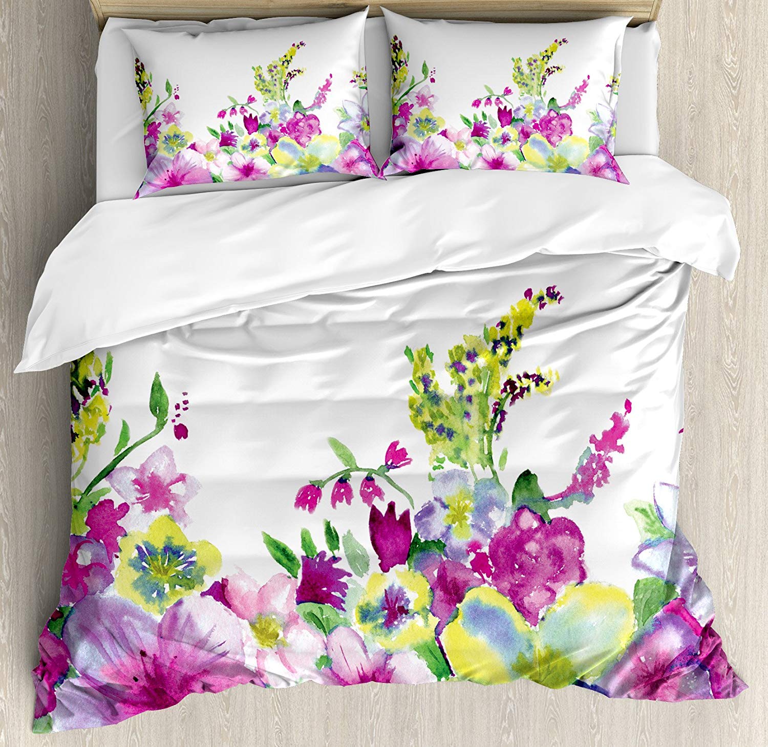 3 Piece Queen Duvet Cover Set - Watercolor Floral Printed Bedding with 2 Pillow Shams | Ultra Soft Zipper Closure | Abstract Garden Flower Design with Heathers & Stocks | Perfect for Master Bedroom, Guest Room & Cozy Home Decor