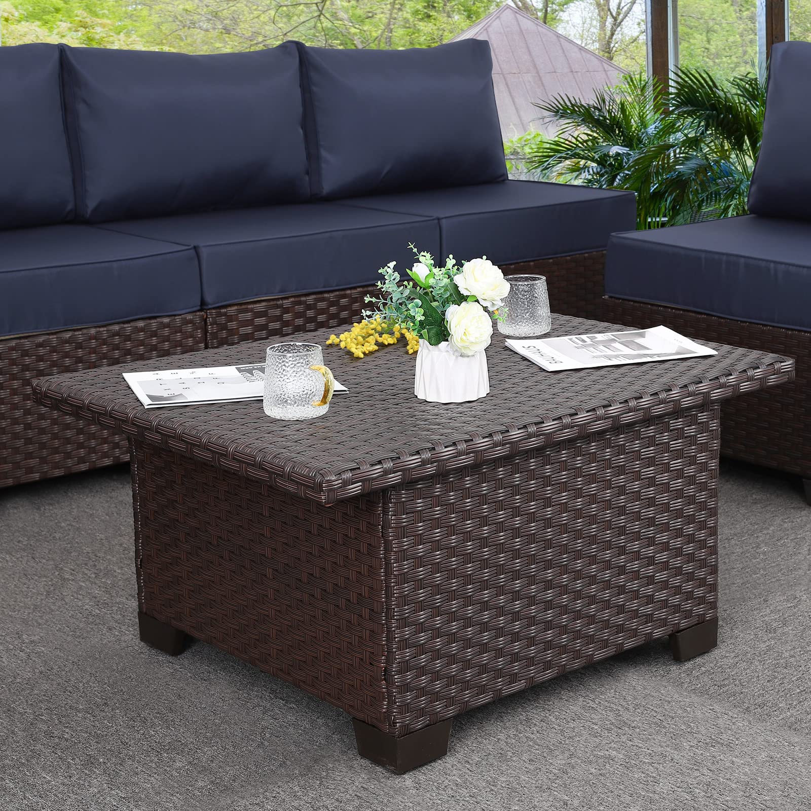 Brown Rattan Coffee Table with Hidden Storage - Lift-Top Wicker Patio Table for Outdoor Dining & Living Room Decor - Perfect for Gardens, Balconies, and Poolside Relaxation