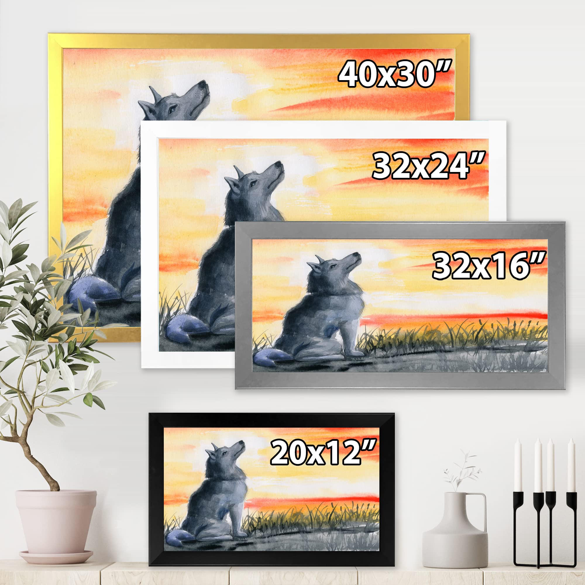 DesignQ Grey Wolf Howling at Moon Framed Wall Art - Traditional Nature Wildlife Decor for Living Room, Bedroom & Office