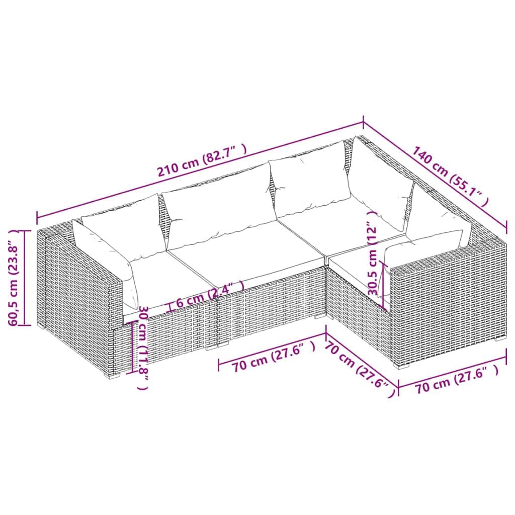 vidaXL 4-Piece Patio Lounge Set - Outdoor Garden Furniture with Cushions, Gray Poly Rattan Sectional Sofa for Backyard, Poolside & Terrace Relaxation