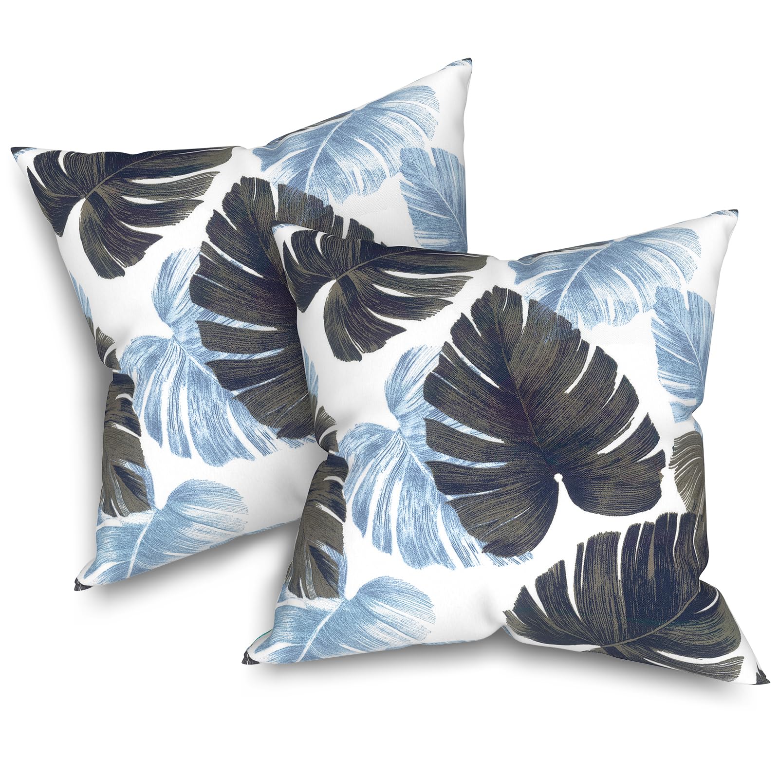 16x16 Inch Waterproof Outdoor Throw Pillows Set of 2 - Monstera Blue Patio Cushions for Garden Furniture, Deck & Porch Decor | All-Weather Home Accessories for Poolside Lounging & Backyard Relaxation