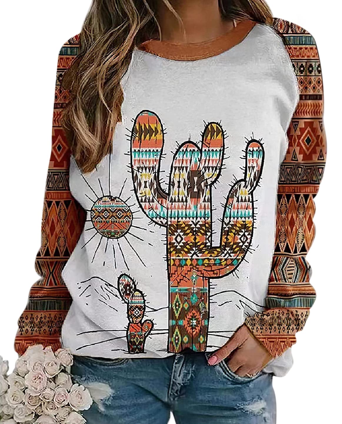 Lafolie Women's Western Aztec Print Crewneck Sweatshirt - Long Sleeve Ethnic Style Casual Top for Fall & Winter | Perfect for Western Theme Parties, Outdoor Adventures & Everyday Wear