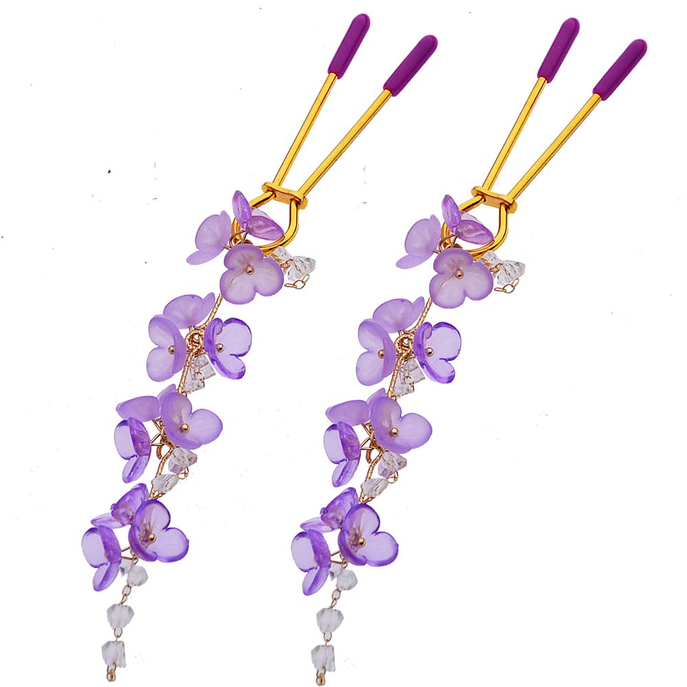 Purple Crystal Flower Nipple Clamps - Adjustable Sensual Nipple Clamps for Women & Couples - Gold Nipple Jewelry for BDSM, Foreplay & Intimate Pleasure - Perfect for Roleplay, Spice Up Your Sex Life & Adult Toy Collection