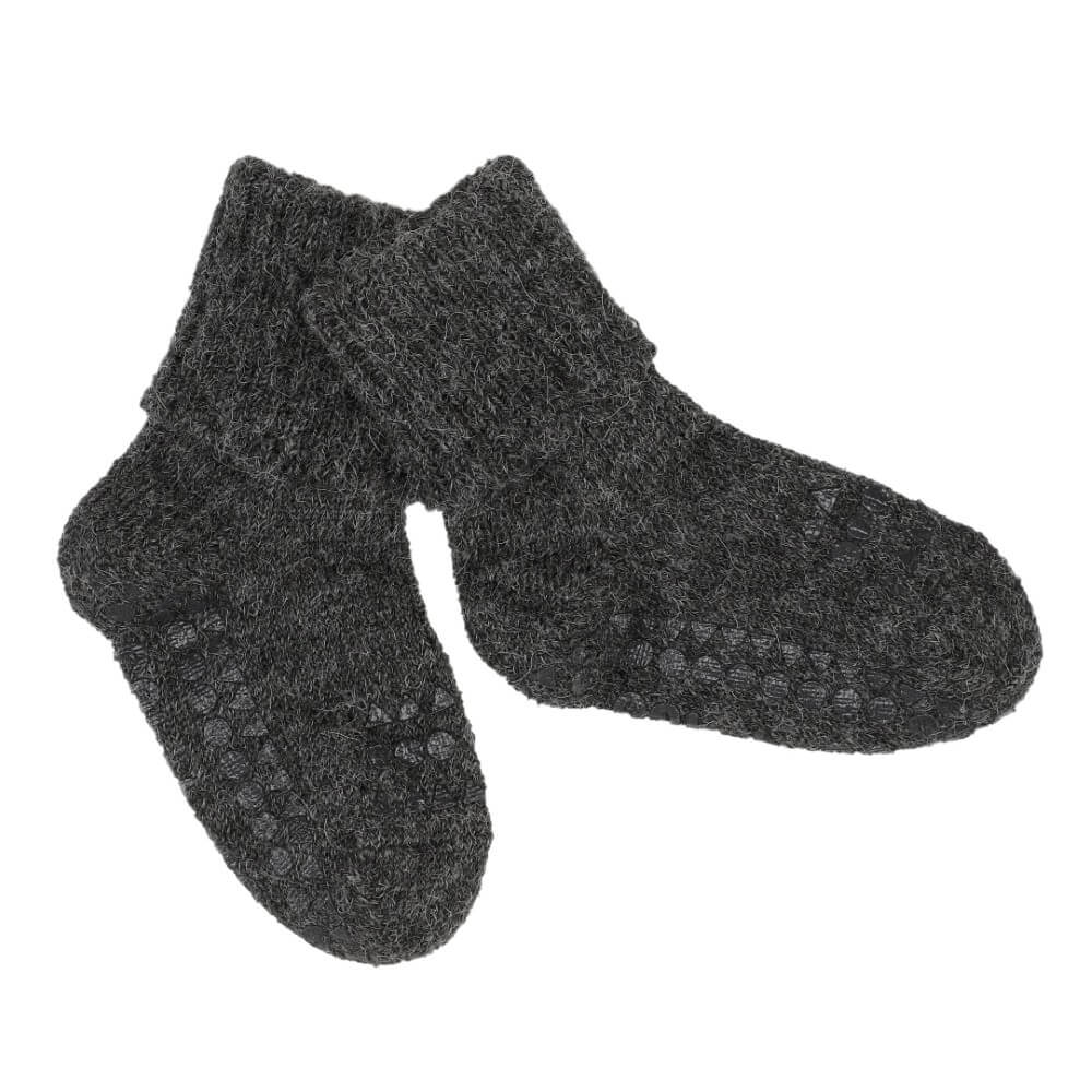 GOBABYGO Alpaca Non-Slip Socks for Women & Men - Soft Warm Winter Socks with Grips - Dark Grey Melange Color - Perfect for Home, Yoga, and Cold Weather