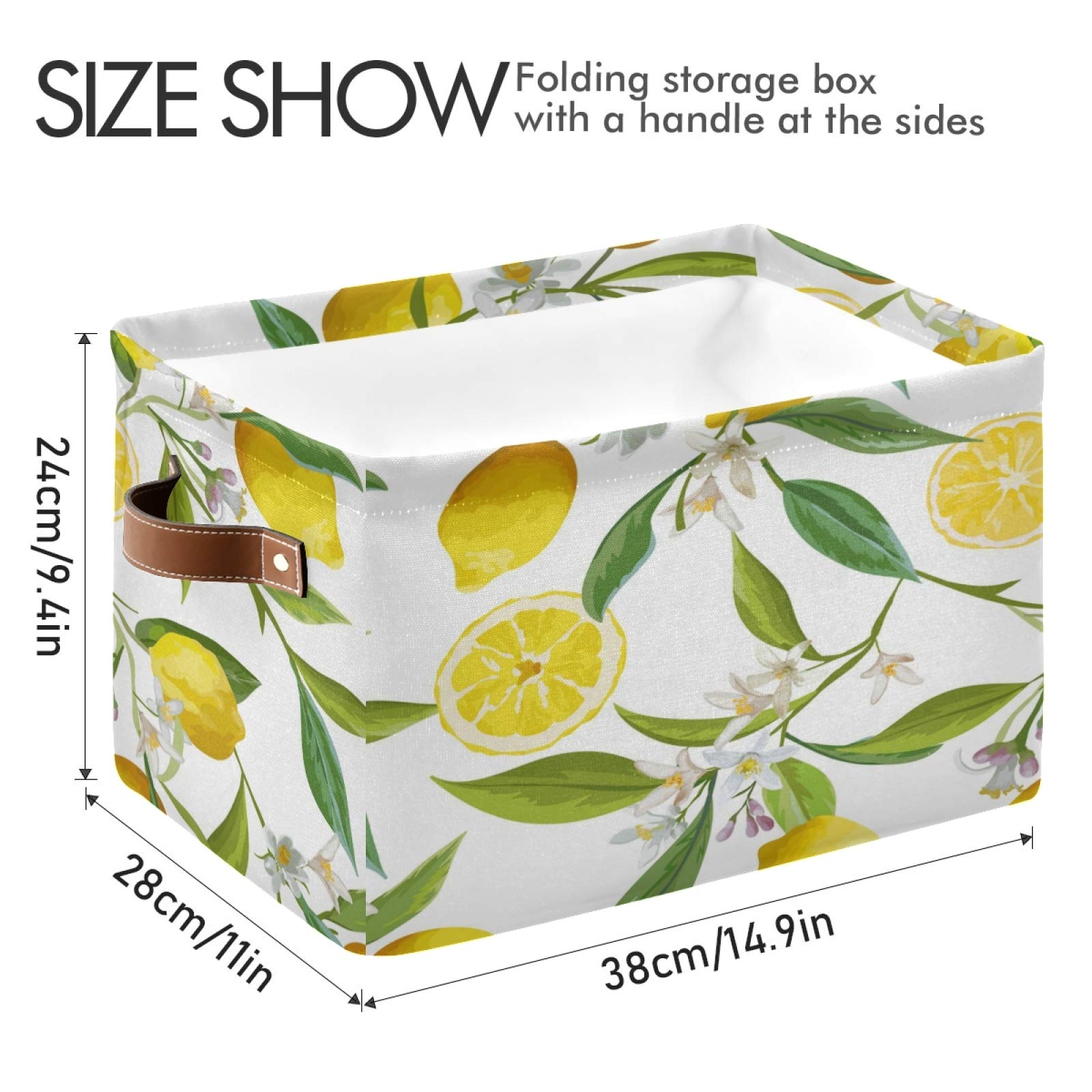 ALAZA Decorative Storage Basket - Rectangular Woven Bin with Leather Handles, Lemon Floral Pattern Organizer for Home Office - Perfect for Blanket Storage, Magazine Holder & Bathroom Organization