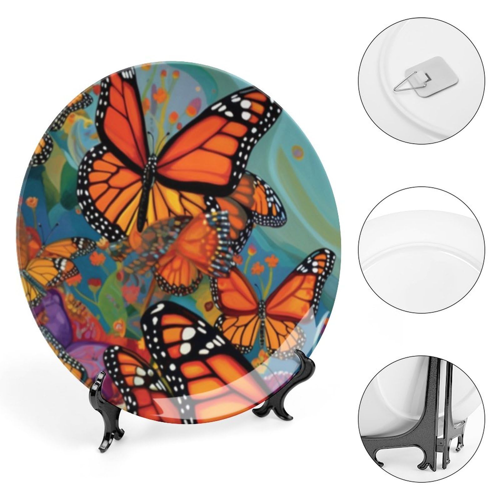 VHP Bone China Decorative Plate - Monarch Butterflies Abstract Ceramic Wall Art for Home & Office Decor with Vertical Stand | Elegant Display for Living Room, Dining Room, Bedroom or Clubhouse