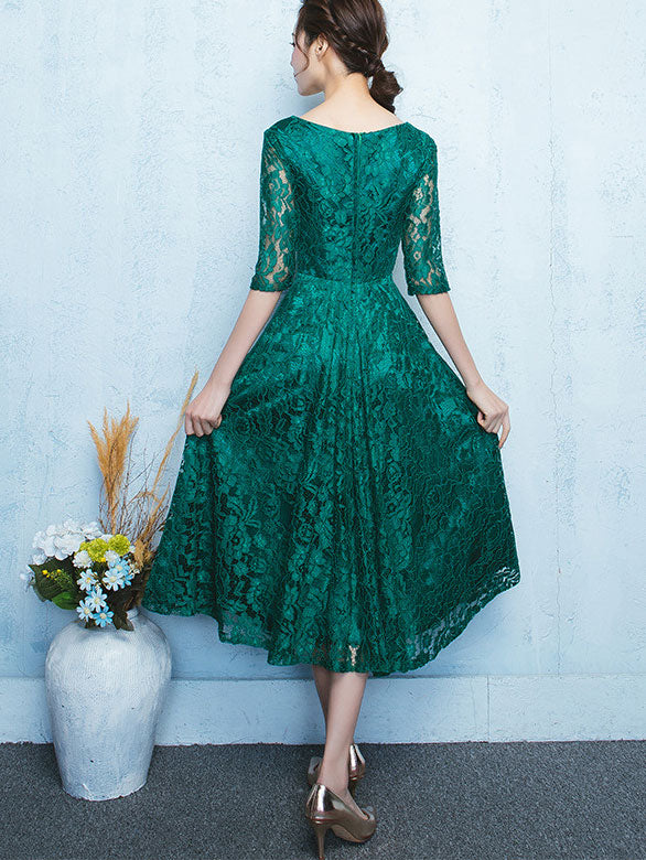 Elegant Green Lace Fit & Flare Tea Length Party Dress for Women - Perfect for Cocktail Parties, Weddings & Special Occasions