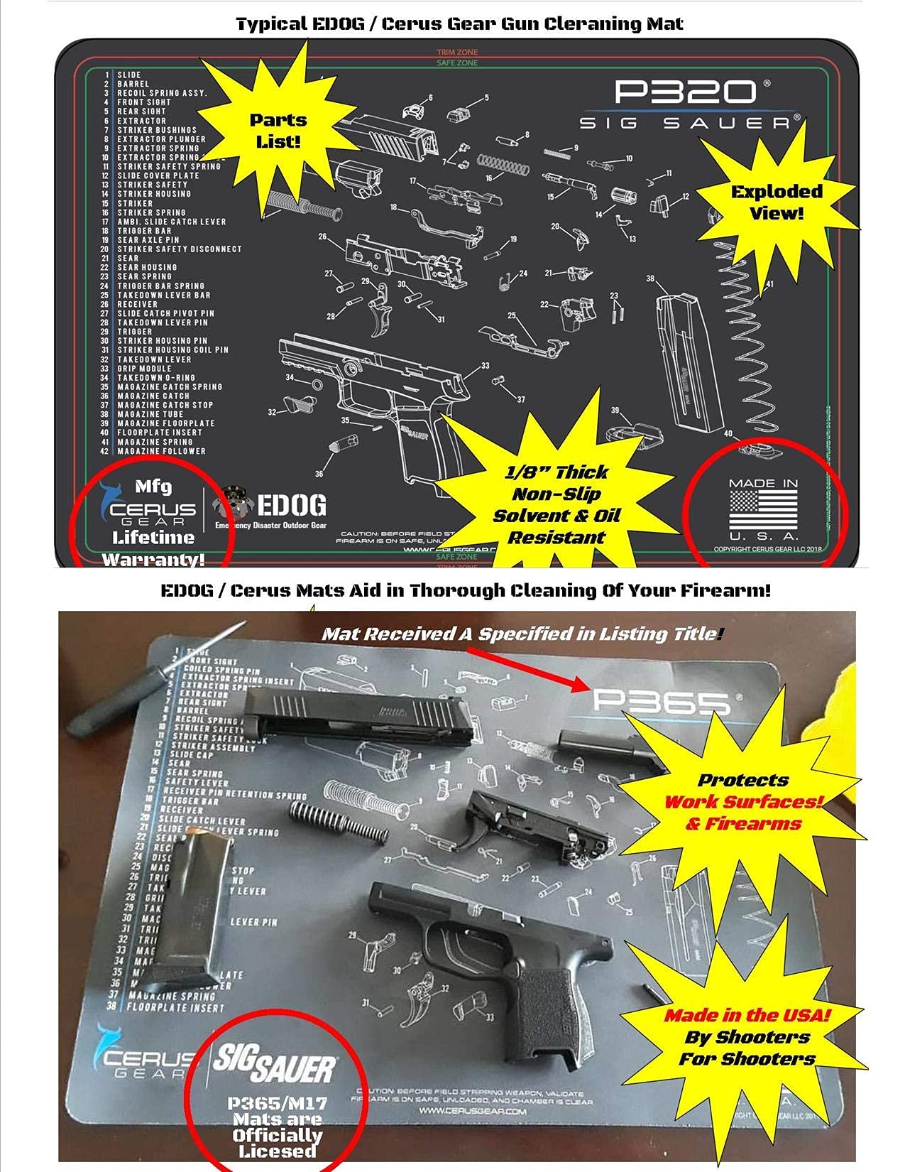 Smith & Wesson M&P Pistol Cleaning Mat - 5 PC Schematic Exploded View Work Surface Protector | Oil & Solvent Resistant Heavy Duty Pad | 3 PC Gun Cleaning Kit with Clenzoil | Perfect for Firearm Maintenance & Workshop Use