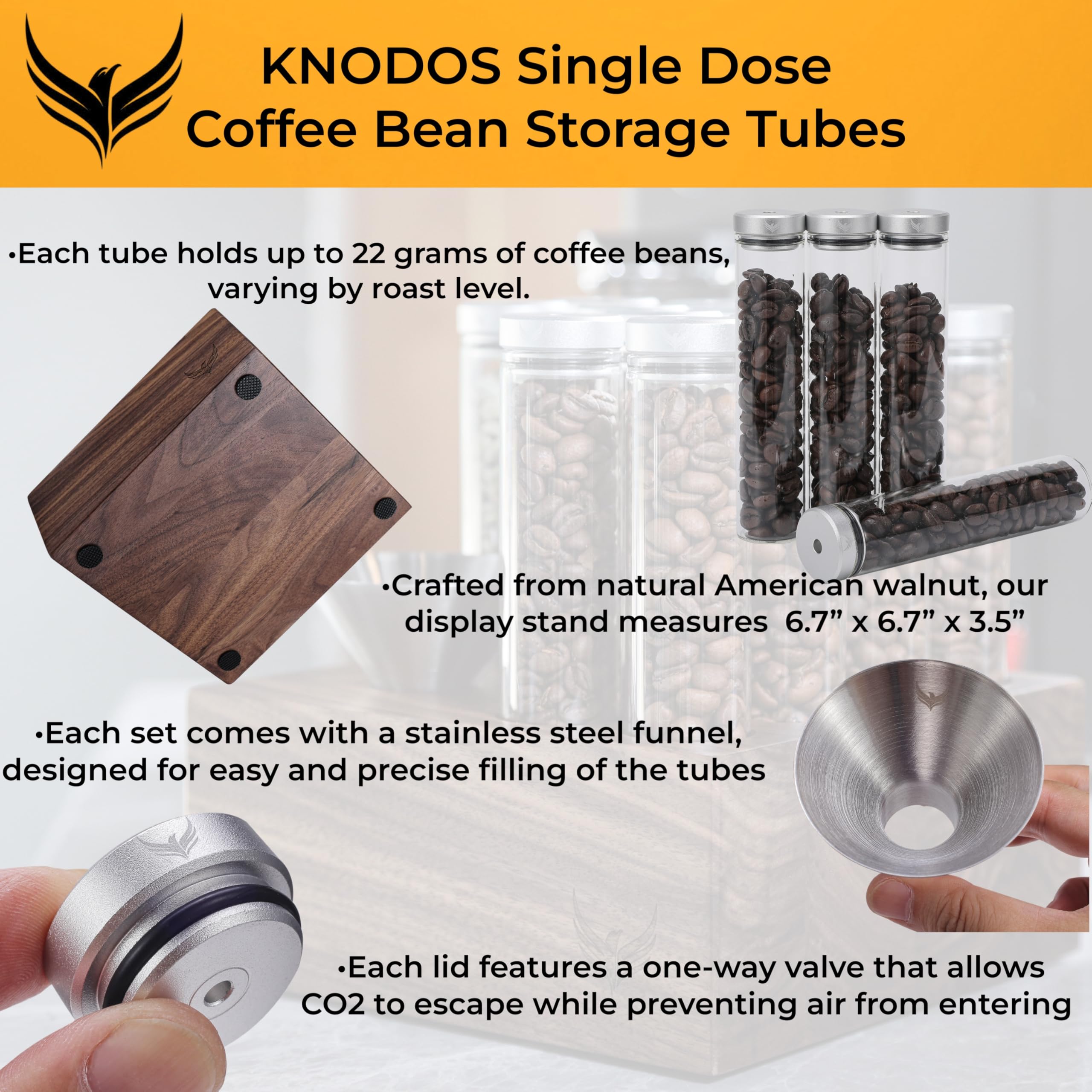 12-Pack Single Dose Coffee Bean Storage Tubes - Glass Espresso Dosing Vials with One-Way Valve Lids, Walnut Stand & Stainless Steel Funnel - Perfect for Fresh Coffee Bean Storage & Barista Organization at Home or Café