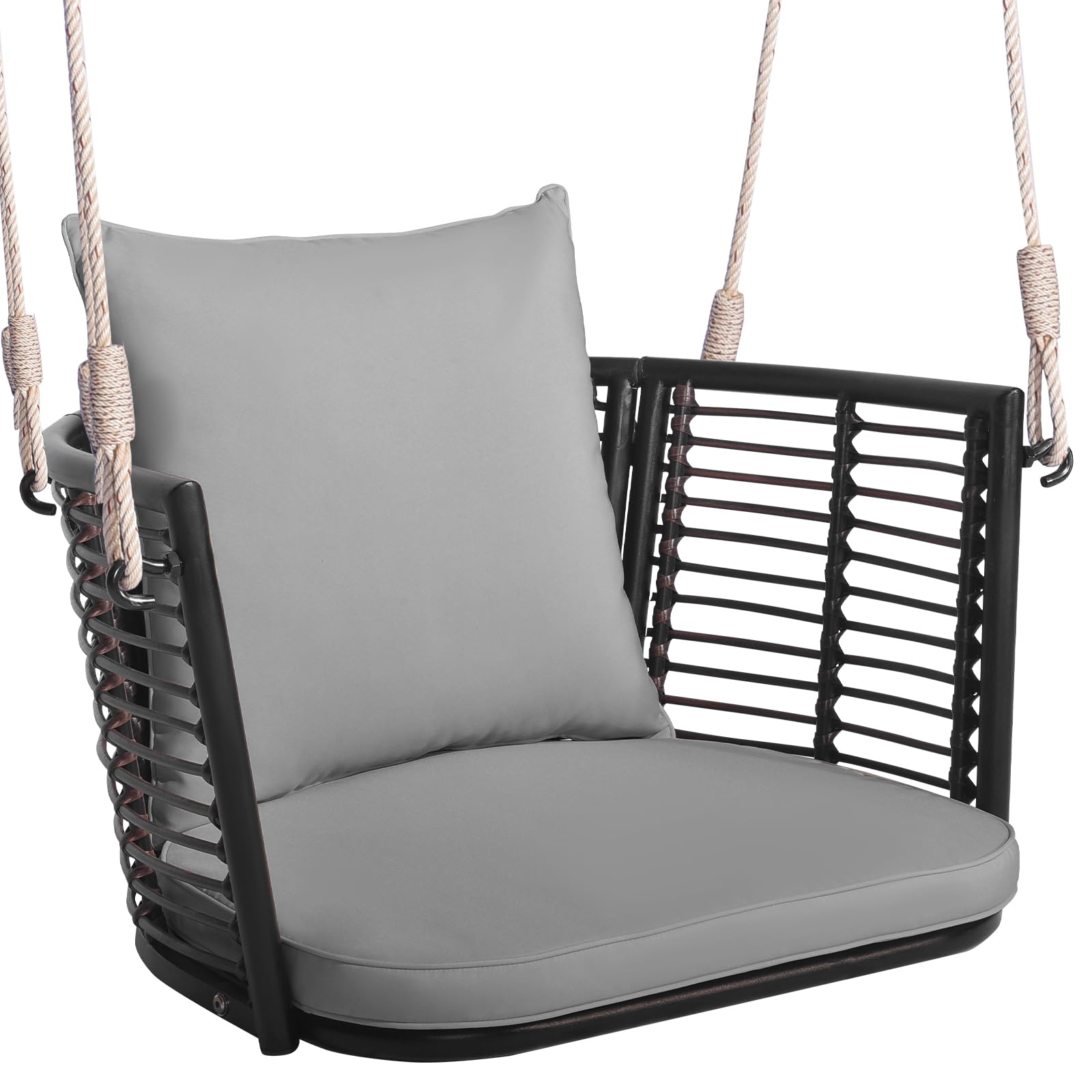 Tangkula Outdoor Metal Porch Swing Chair - Single Person Hanging Seat with Woven Rattan Backrest, 2 Heavy-Duty Hanging Ropes & Included Cushions - Sturdy Patio Swing for Front Porch, Backyard, Garden - Perfect for Relaxing, Reading & Enjoying Nature (Grey)