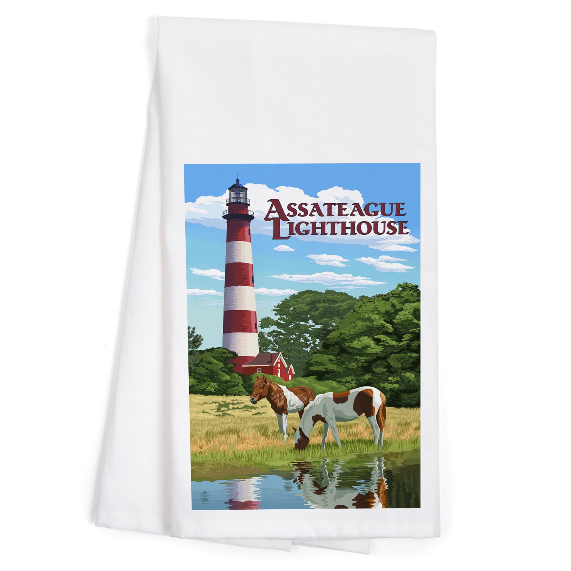 Lantern Press Assateague Virginia Lighthouse and Horses 100% Cotton Tea Towel - Decorative Kitchen Hand Towel for Home Decor, Dish Drying & Coastal Themed Gifts