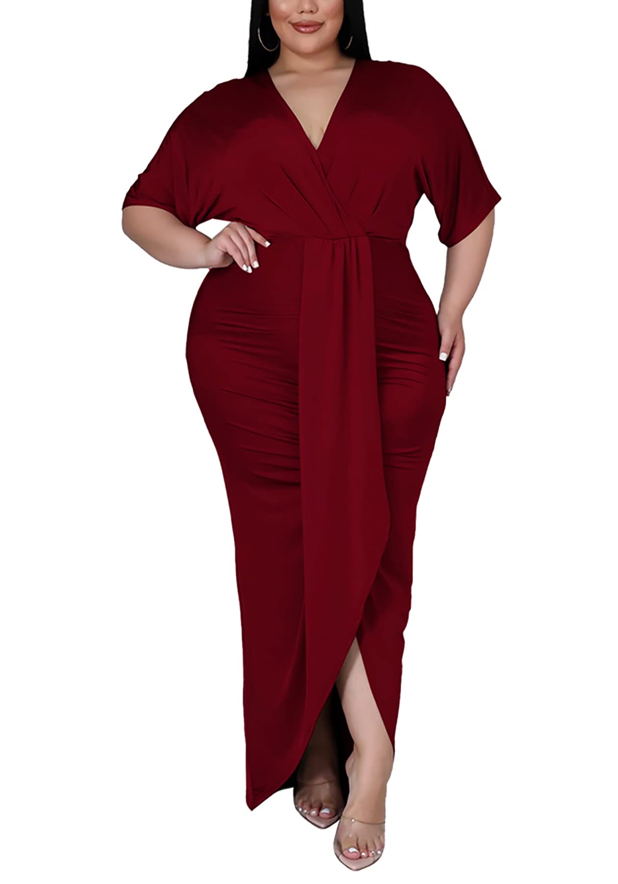 Sexy Plus Size Maxi Dress for Women - V Neck Short Sleeve Wedding Guest & Party Dress - Flattering Curvy Fit for Special Occasions & Summer Events