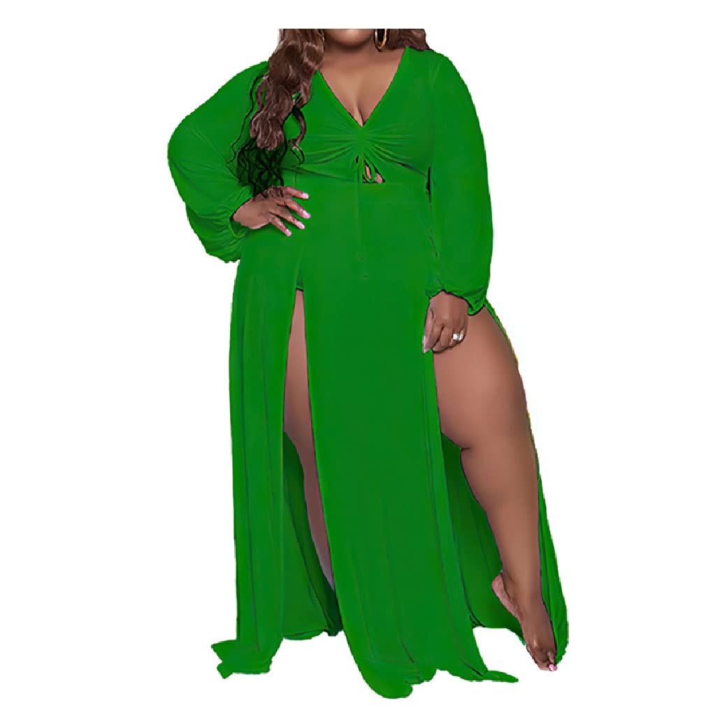 Trendy Plus Size Long Sleeve V-Neck Maxi Dress for Women - Solid Green XXL Summer Streetwear Fashion | Perfect for Casual Outings, Beach Vacations & Evening Events