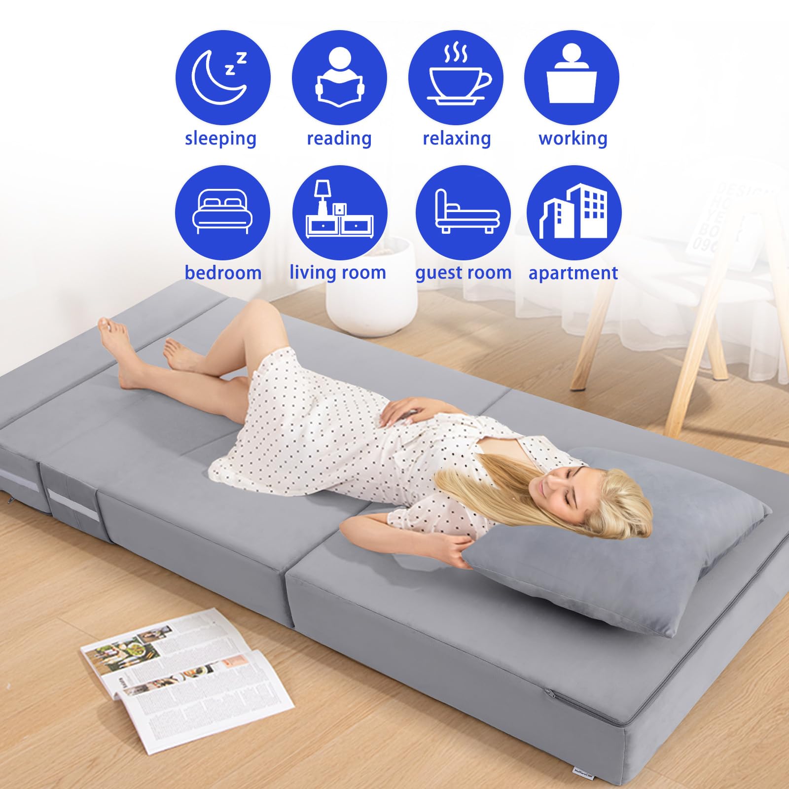 Foldable Futon Chair Bed Sleeper for Adults - Twin Size 6 Inch Folding Mattress Sofa Bed with Pillow, Convertible Tri-Fold Foam Floor Sofa for Living Room, Guest Room & Small Spaces (Grey) - Perfect for Apartments, Dorms & Overnight Guests