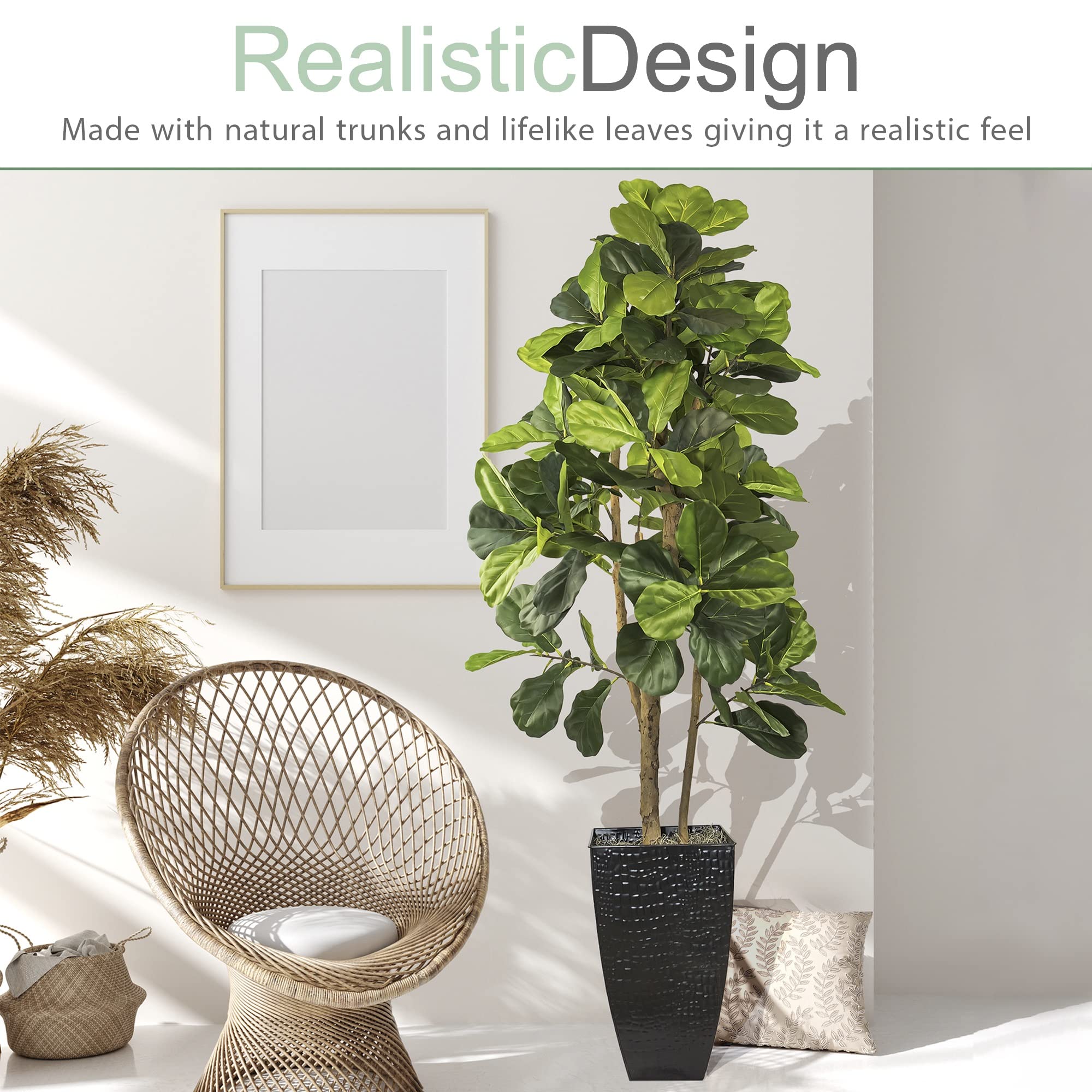 6FT Artificial Fiddle Leaf Fig Tree with Real-Wood Trunk & Black Metal Pot - Indoor Outdoor Faux Plant for Home, Office Decor - Perfect for Living Rooms, Bedrooms, Patios & Balconies (6 Feet Tall, Black Planter) - Adds Tropical Vibes to Any Space