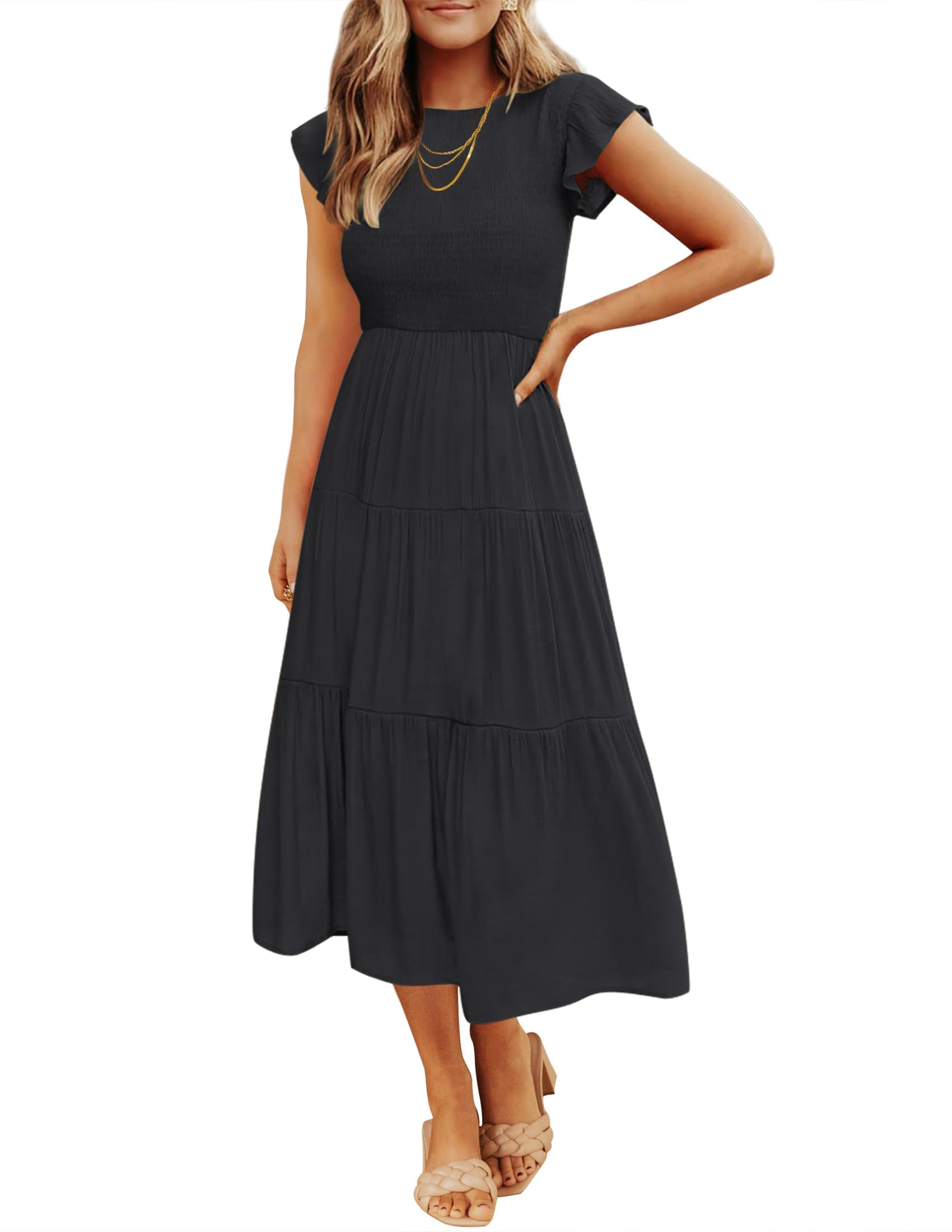 ZESICA Women's Summer 2025 Flutter Short Sleeve Smocked Waist Tiered Midi Dress - Casual Crew Neck Elastic Waist Dress for Beach, Vacation & Outdoor Parties