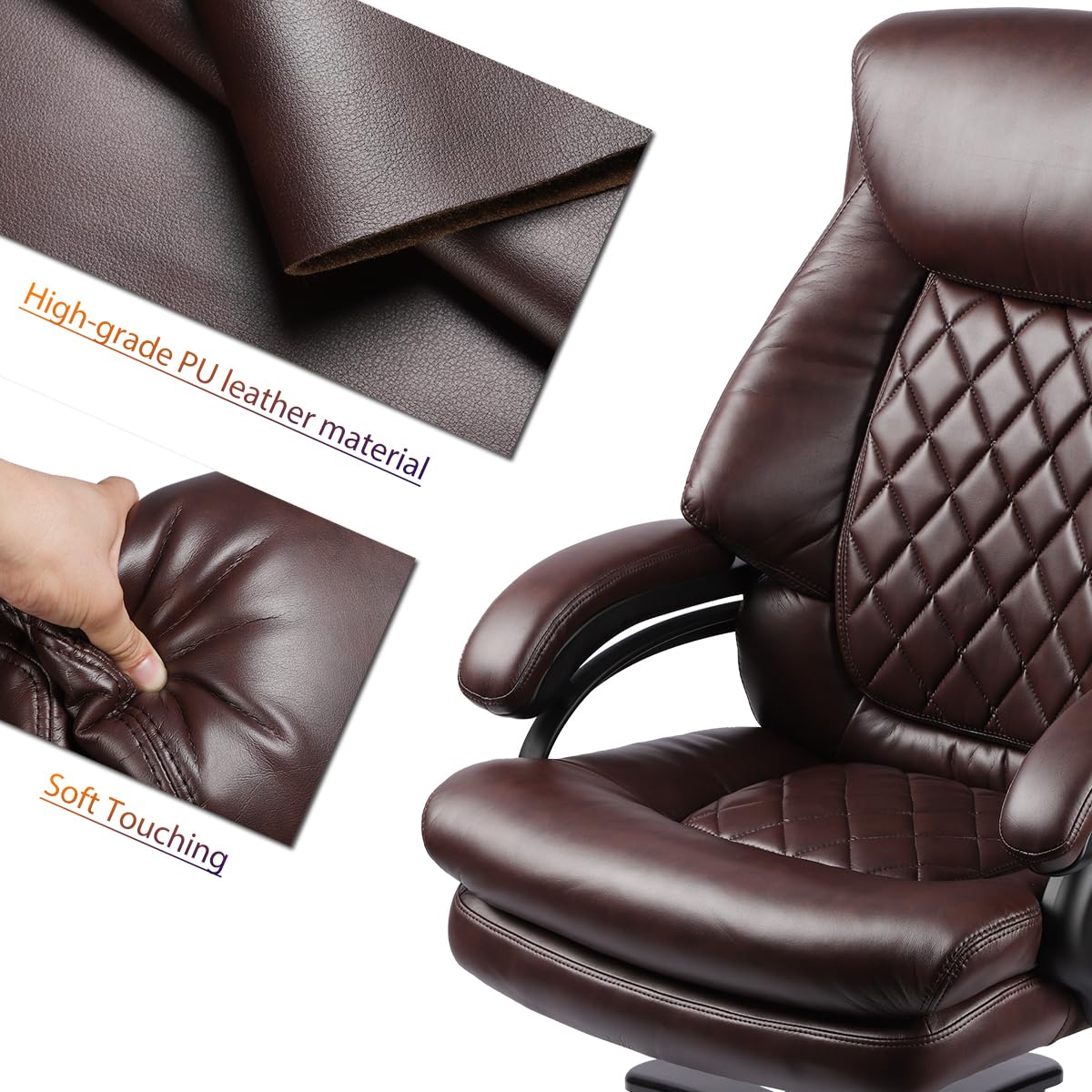 500lbs Heavy Duty Big and Tall Office Chair - Extra Wide Executive Chair with Spring Seat for Large People - 360° Swivel Computer Desk Chair - Ergonomic Home Office Chair for Comfort (Brown) - Perfect for Long Work Hours & Gaming Sessions