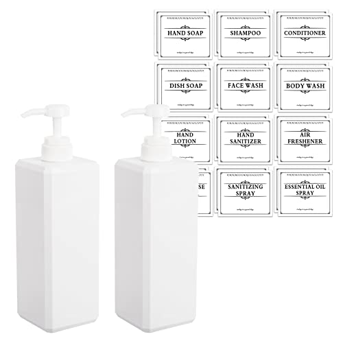 32 oz Plastic Hand Soap Dispenser Pump Bottles with 24 Waterproof Label Stickers - Bulk Refillable Containers for Kitchen, Bathroom & Restaurant Use