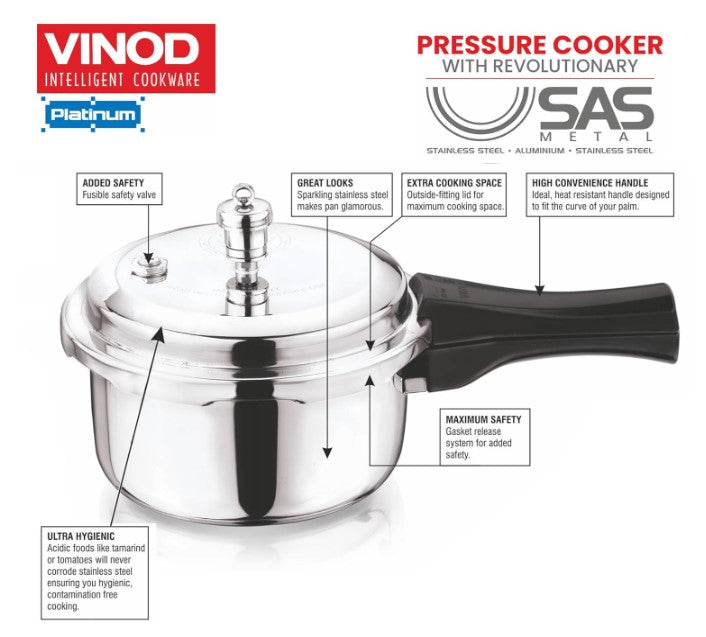 Vinod Platinum Triply Stainless Steel Pressure Cooker 2L with Outer Lid | SAS Induction & Gas Base Cookware | ISI & CE Certified | Perfect for Indian Cooking, Meal Prep & Fast Pressure Cooking