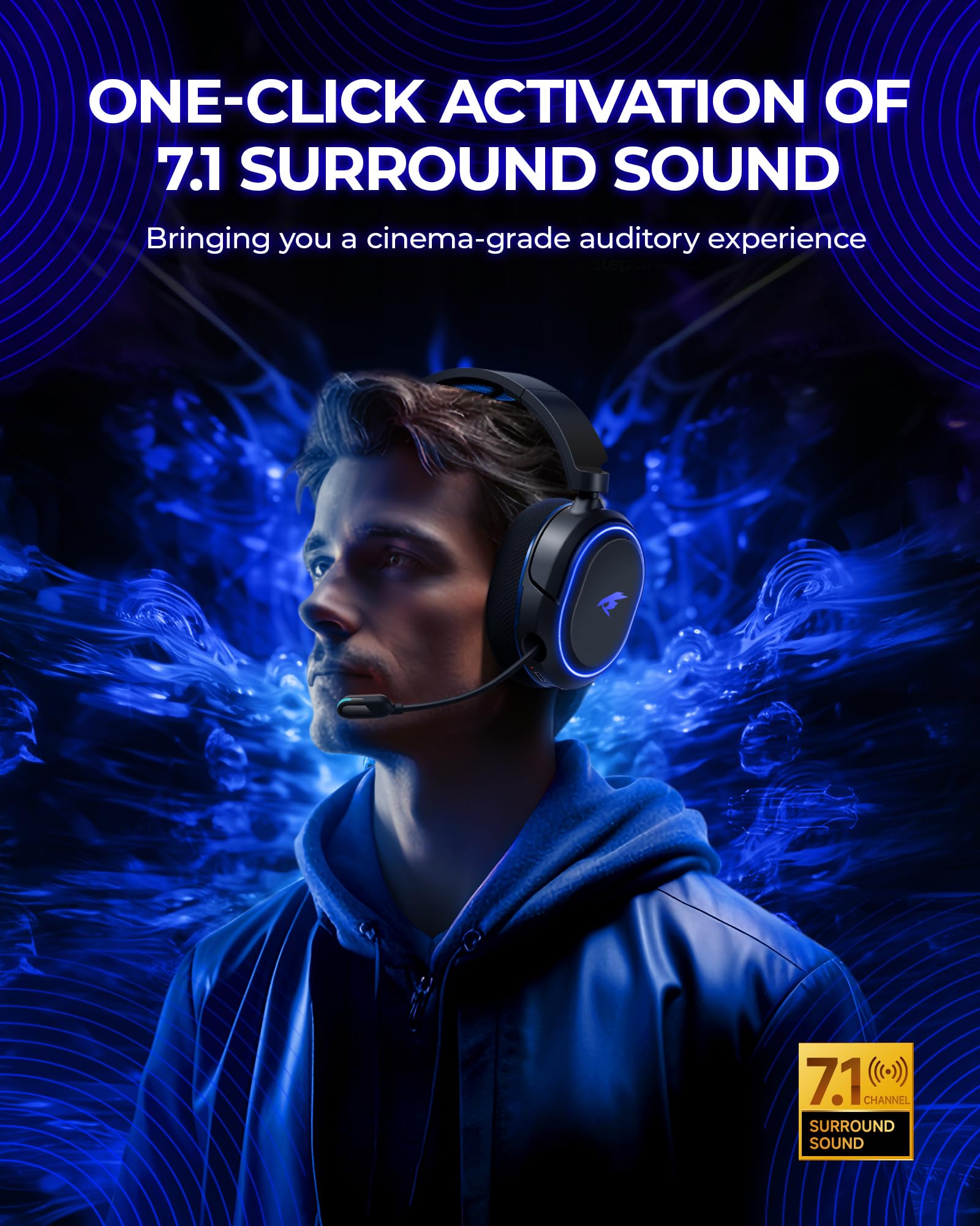 Wireless Gaming Headset with 7.1 Surround Sound & Bluetooth 5.4 | 100H Battery Life | ENC Noise Canceling Mic | RGB Lighting | Compatible with PC, PS5, PS4, Mac & Nintendo Switch | Perfect for Competitive Gaming & Streaming (Black-Blue)