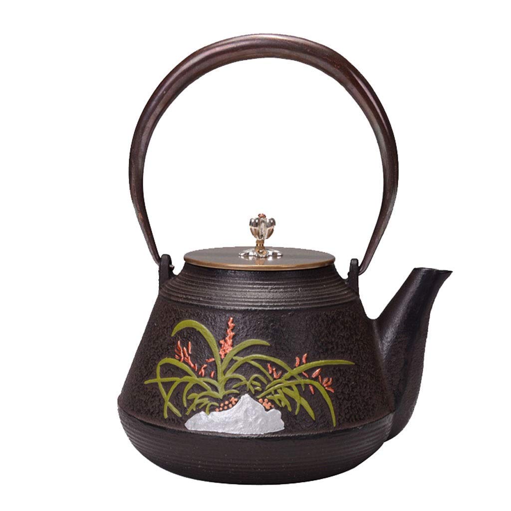 Premium Cast Iron Teapot - 1.2L Chinese Style Iron Kettle with Elegant Green Leaf Orchid Design, Perfect for 3-4 People | Ideal for Tea Ceremonies, Home Decor & Gift Giving