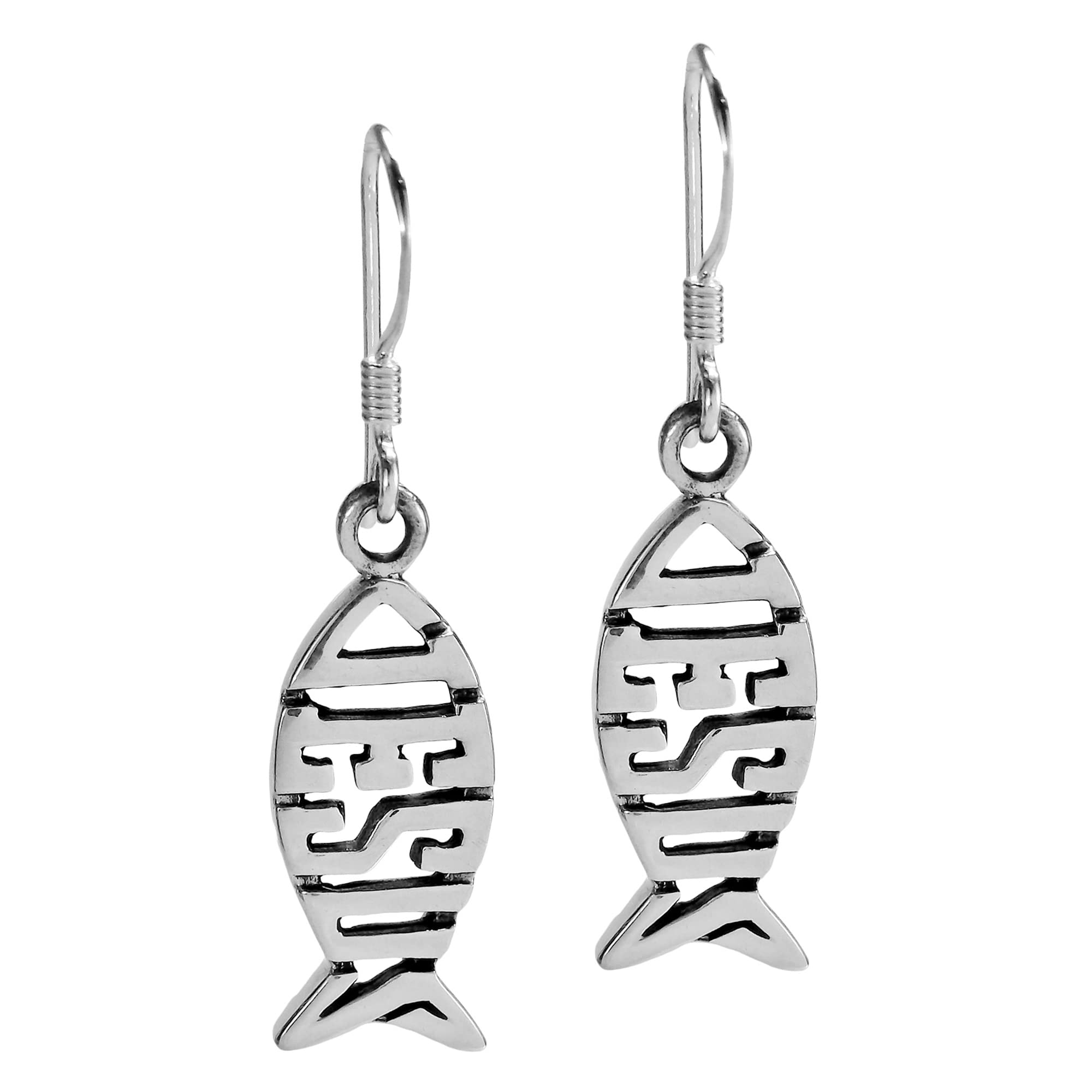 AeraVida .925 Sterling Silver Jesus Fish Ichthys Dangle Earrings - Christian Religious Jewelry for Women - Faith Inspired Fish Hook Earrings - Perfect for Church, Bible Study & Daily Wear