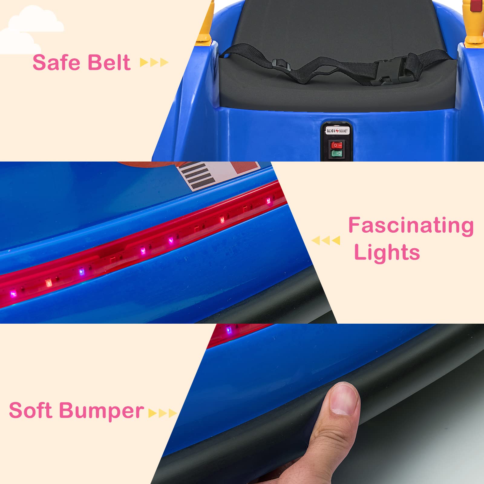 JOYMOR 6V Electric Bumper Car for Kids with Remote Control - 360° Spin, Flashing LED Lights, 2 Driving Modes, Music & Safety Belts | Perfect for Indoor/Outdoor Play, Birthday Gifts for Boys & Girls (Blue)